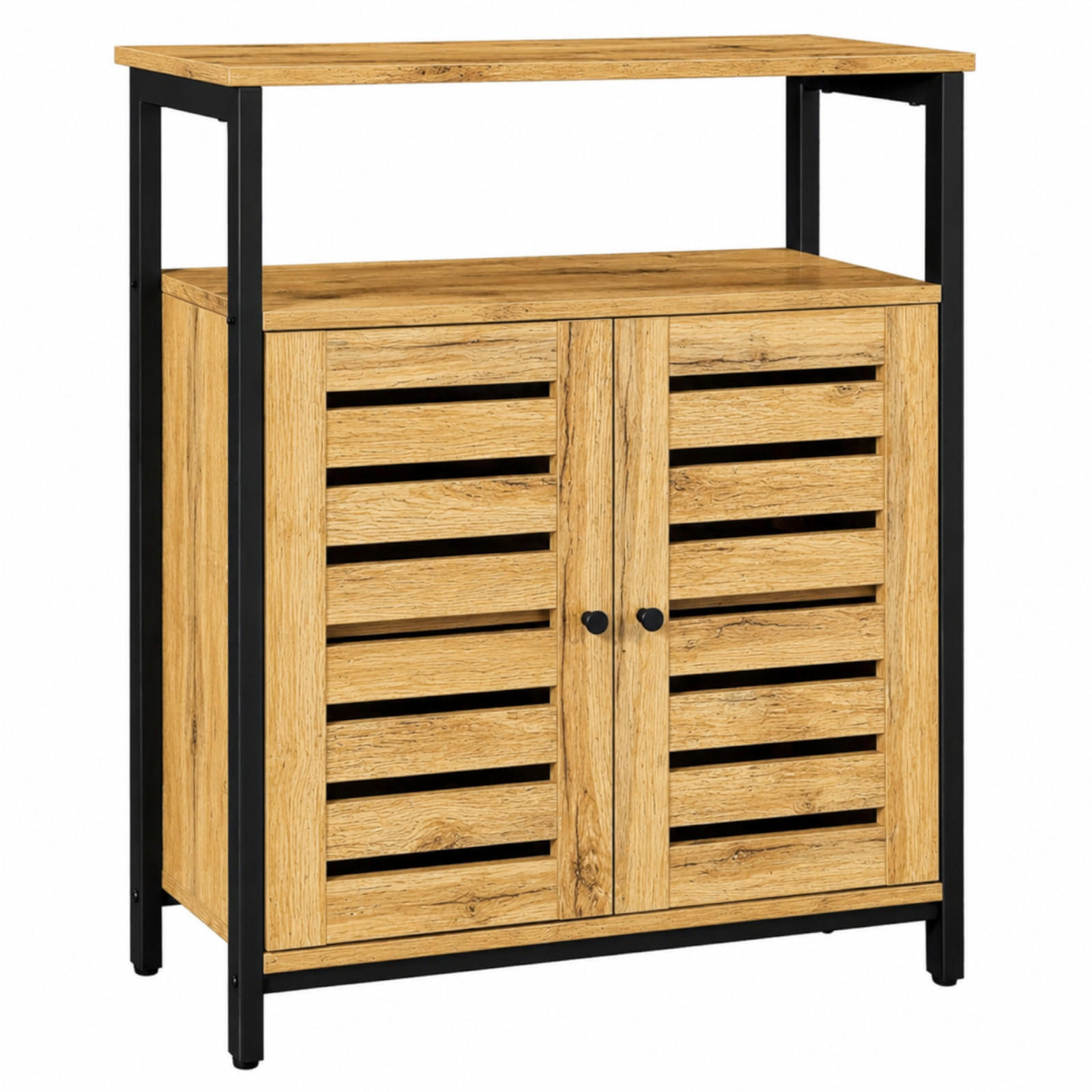 KOMMODE Metall Holzoptik Eiche Schwarz mit Lamellentüren Ablage 70x30x80 cm - Eichefarben/Schwarz, Holzwerkstoff (70/80/30cm) - Begryf
