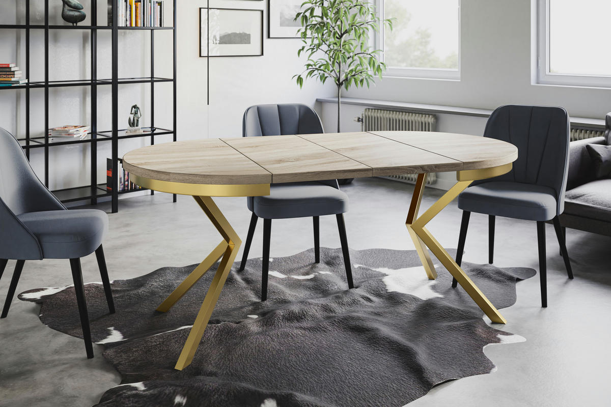 ESSZIMMERTISCH BERGO, ausziehbarer Tisch 120 cm/200 cm, Farbe: Beige, mit Metallbeinen in Farbe Gold - Goldfarben/Sonoma Eiche, Holzwerkstoff (120/120/76cm) - Alpi-Möbel