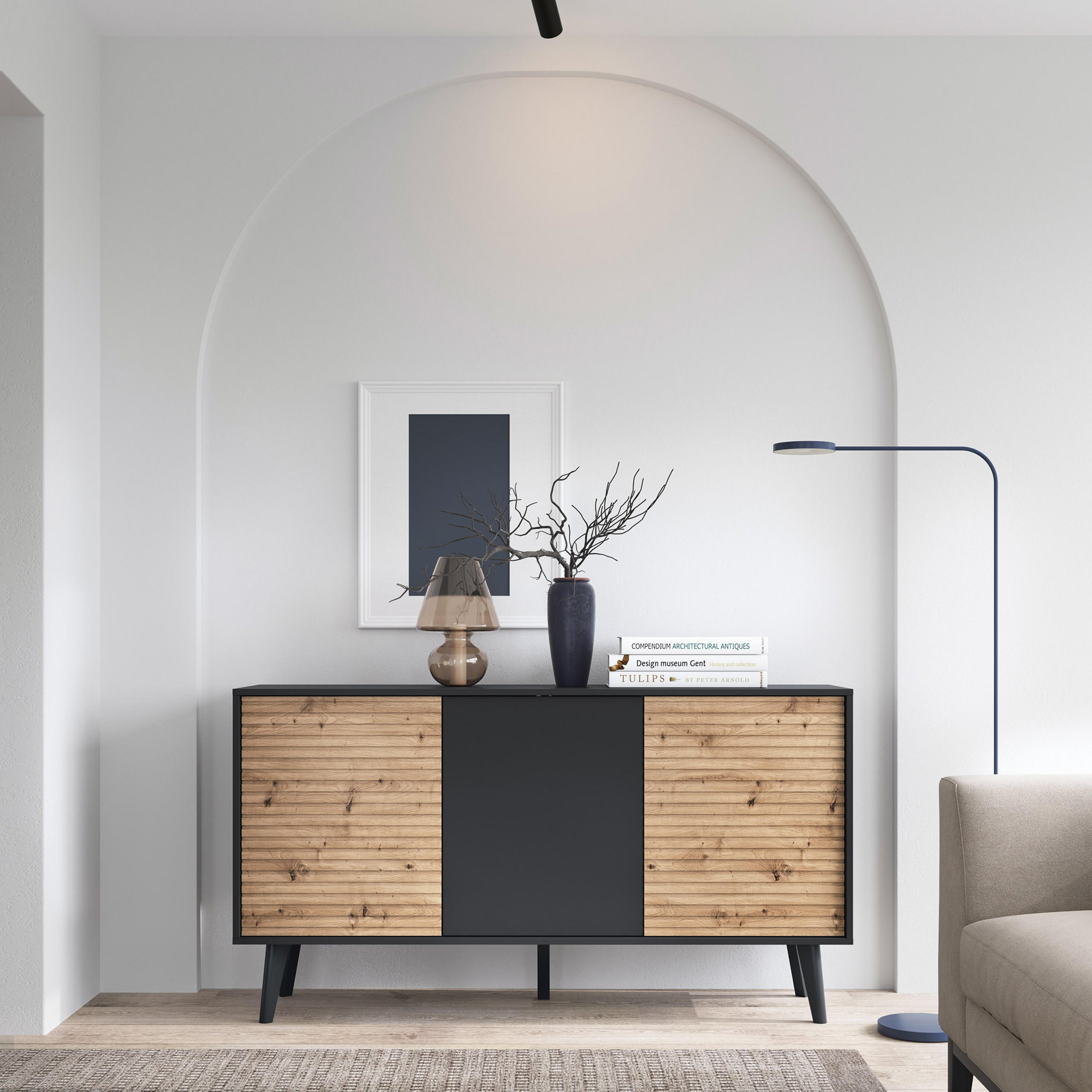 SIDEBOARD VILLETTA 154/83/39 cm mit 3 Türen Schwarz - Schwarz/Eiche Artisan, Holzwerkstoff (154/83/39cm) - MASSENO