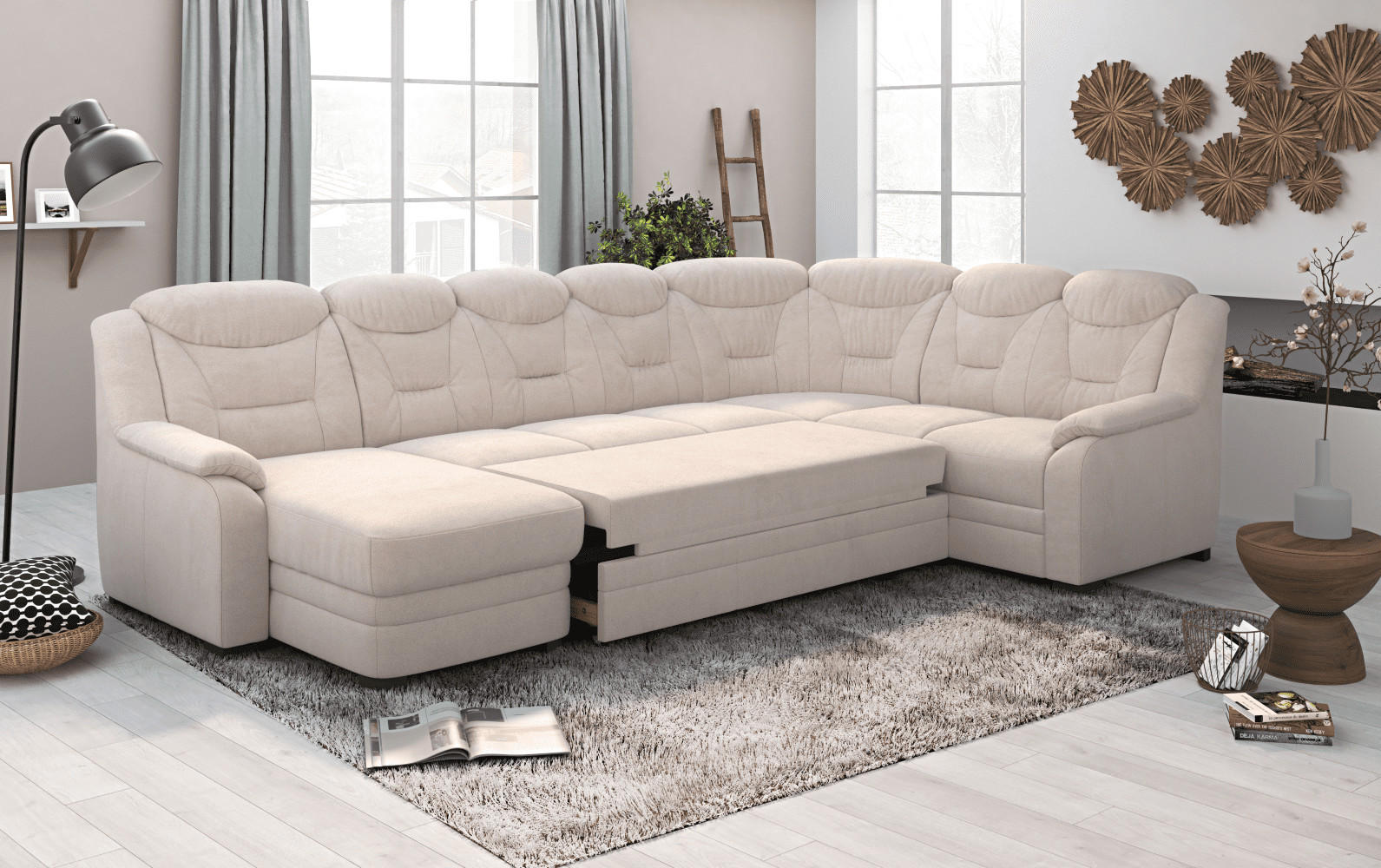 Thumbnail - Cotta Wohnlandschaft, Beige, Kunststoff, Echtholz,Buche, Uni, 7-Sitzer, L-Form,L-Form, 211x99x330 cm, Wohnzimmer, Sofas ...