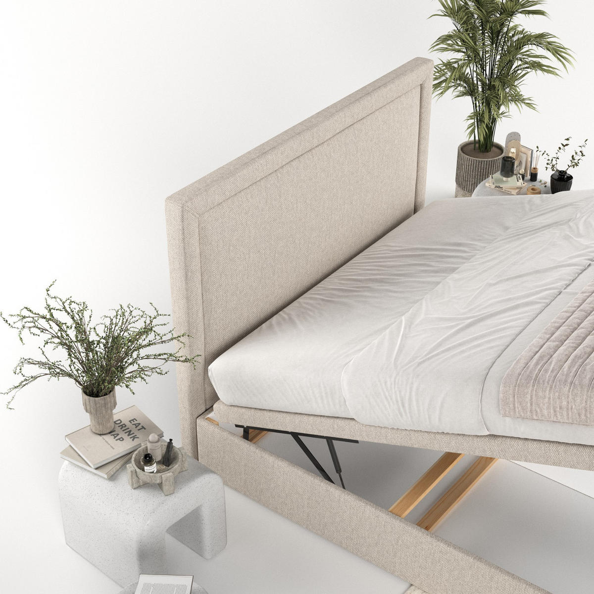 POLSTERBETT Salma mit Stauraum 160/200 cm Hellbeige im Megan Stoff - Sandfarben/Schwarz, Holz/Holzwerkstoff (160/200cm) - AltaBeds