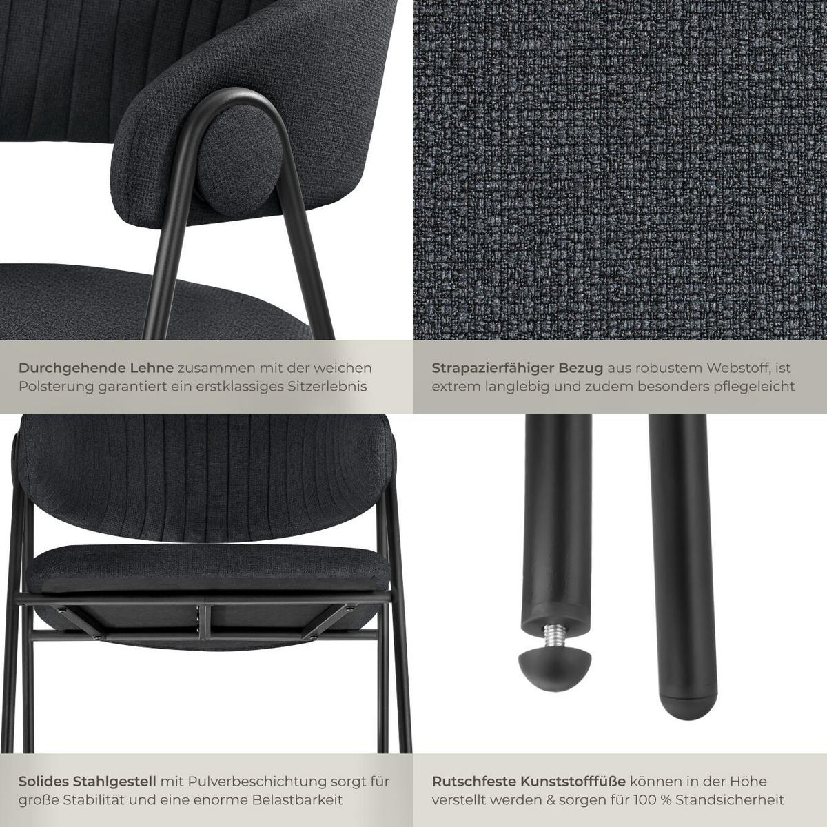 ARMLEHNENSTUHL 6er Set Bedano 60 x 58 x 85 cm schwarz - Schwarz, Kunststoff (60/85/58cm) - tectake