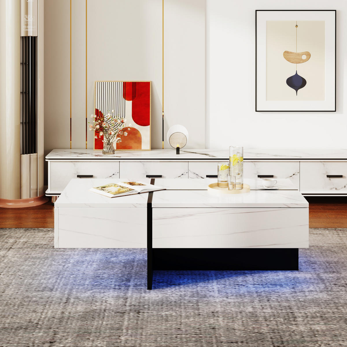 COUCHTISCH, Marmoroptik Weiß, 3 Schubladen, App-gesteuerte LED-Beleuchtung, 100/50/34,5 cm,Weiß - Weiß, Holzwerkstoff (100/50/34.5cm) - Redom