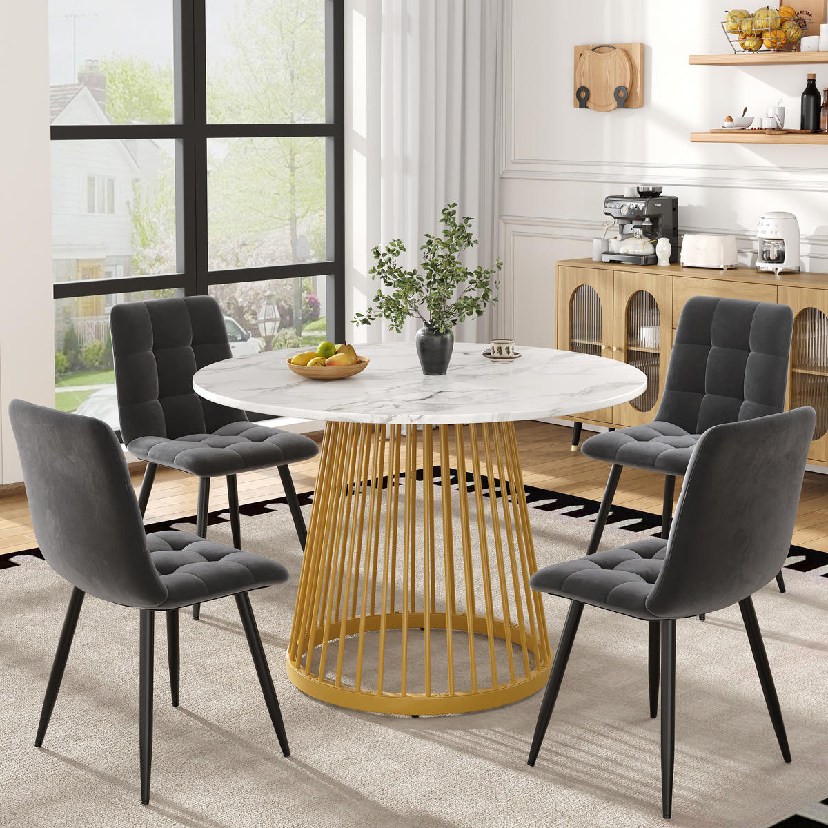 ESSTISCHSET 5-Teilig Rund 80 Cm, Weiße MDF, 4 Dunkelgraue Samtstühle, Gold - Multicolor, Metall (80/76/80cm) - FLIEKS