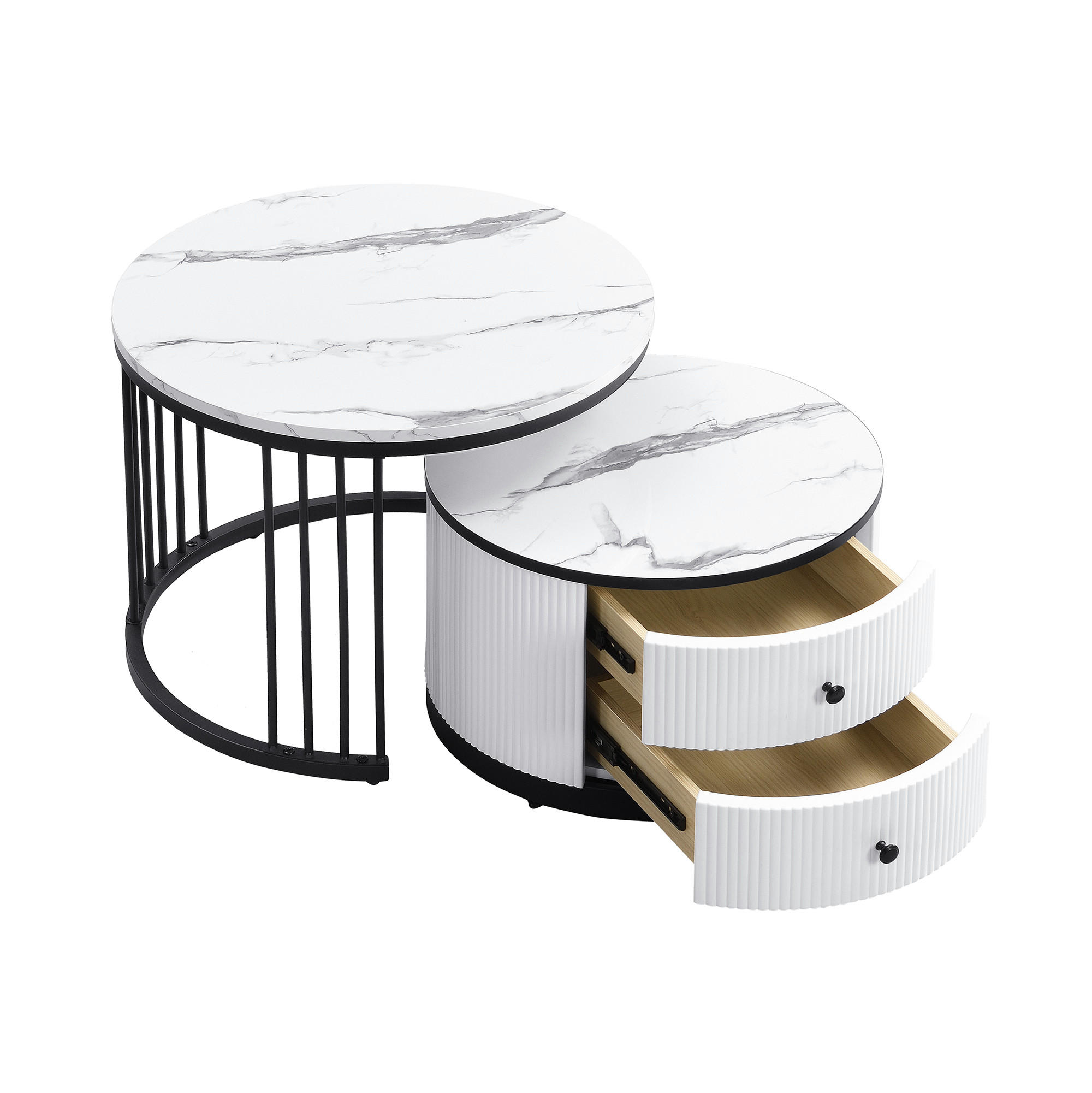 COUCHTISCH-SET mit Marmoroptik und Schubladen 60 × 60 × 45,5 cm & 50 × 50 × 32 cm - Weiß, Holzwerkstoff (60/60/45.5cm) - Luhomfu