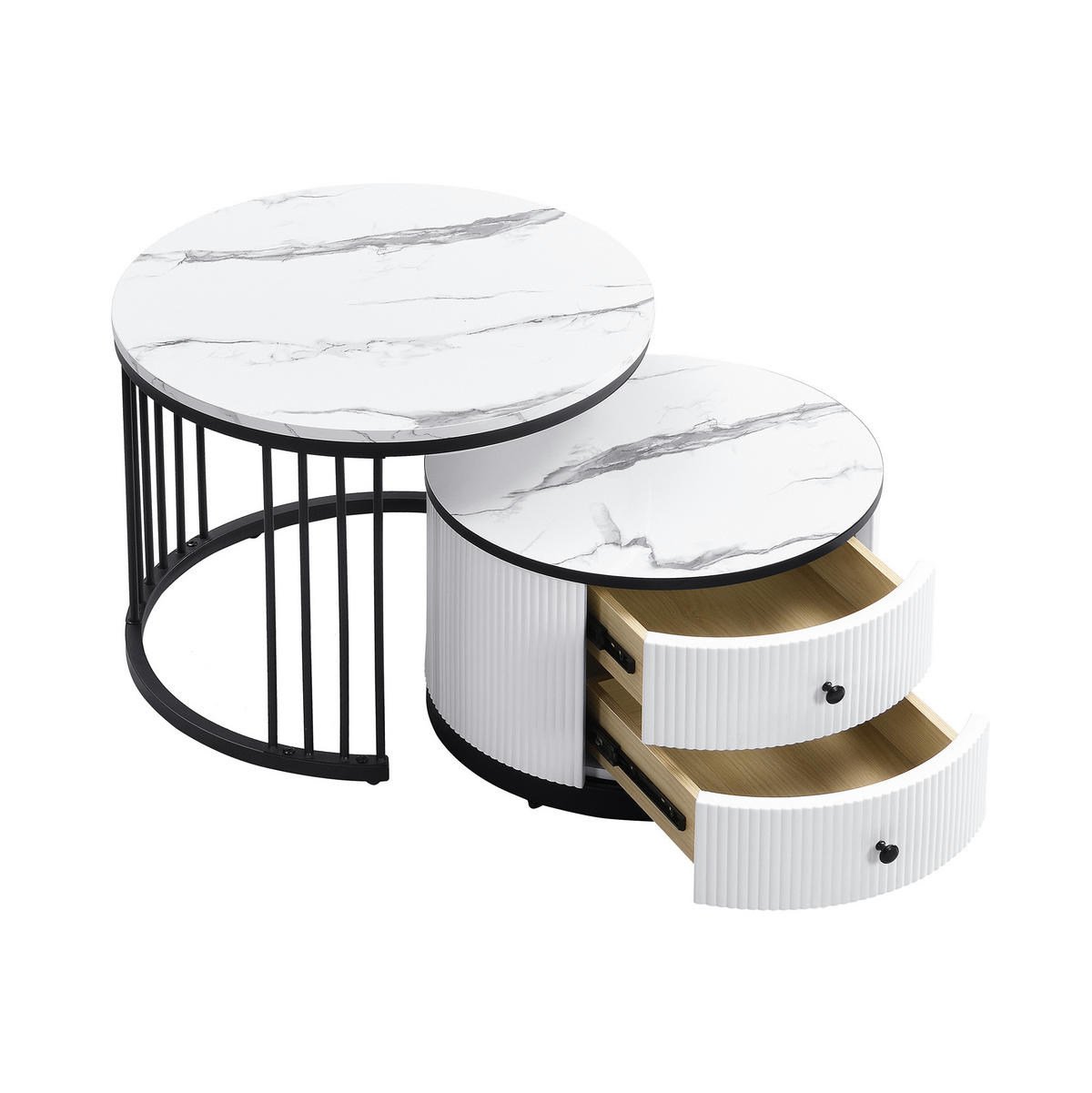 COUCHTISCH-SET 60/60/45,5 & 50/50/32 cm weiß/schwarz aus MDF mit 2 Schubladen - Weiß, Holzwerkstoff (60/60/45cm) - OKWISH