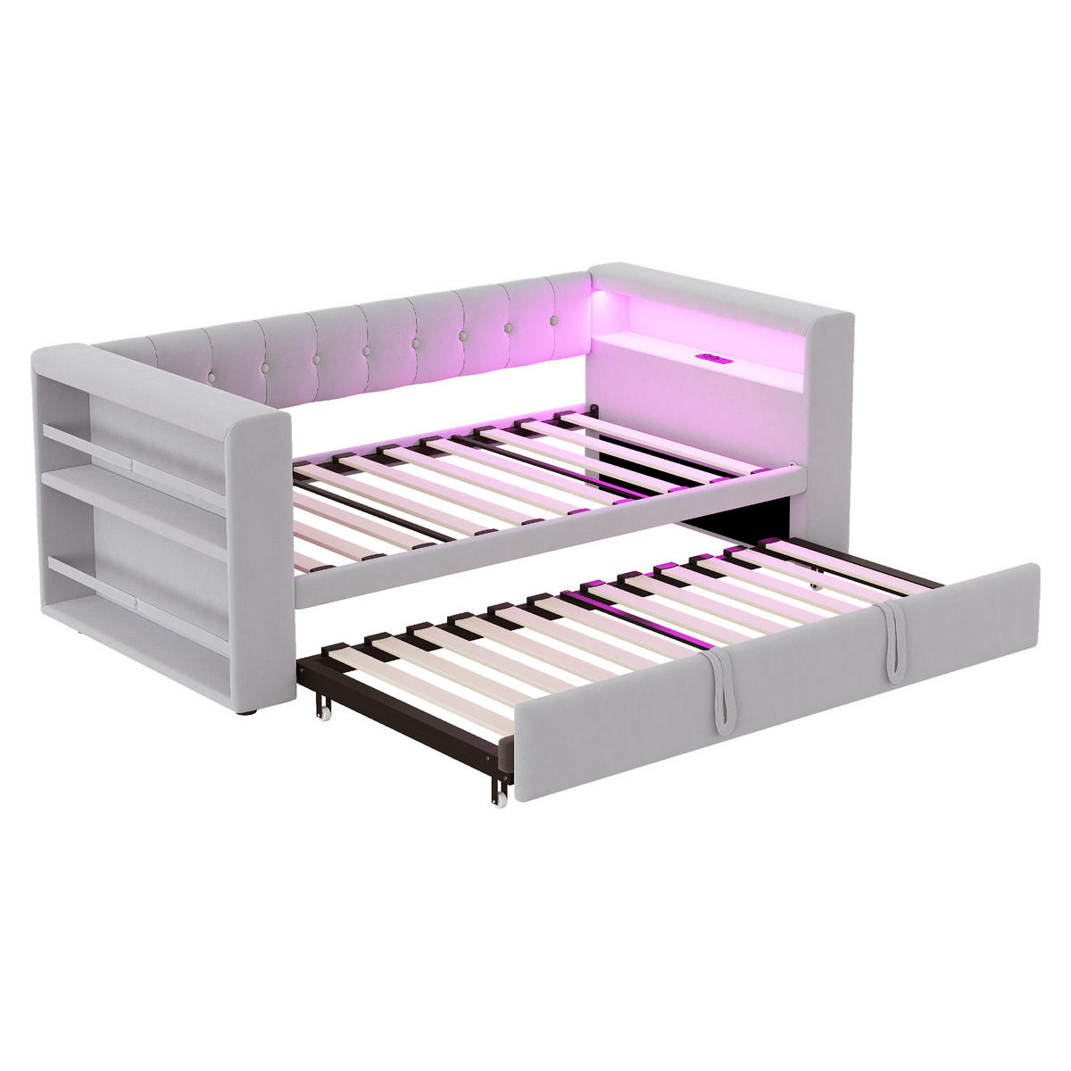 SCHLAFSOFA mit Stauraum und LED 90/180x190 cm Flannelette Hellgrau - Hellgrau, Metall (90/200cm) - Meubliv