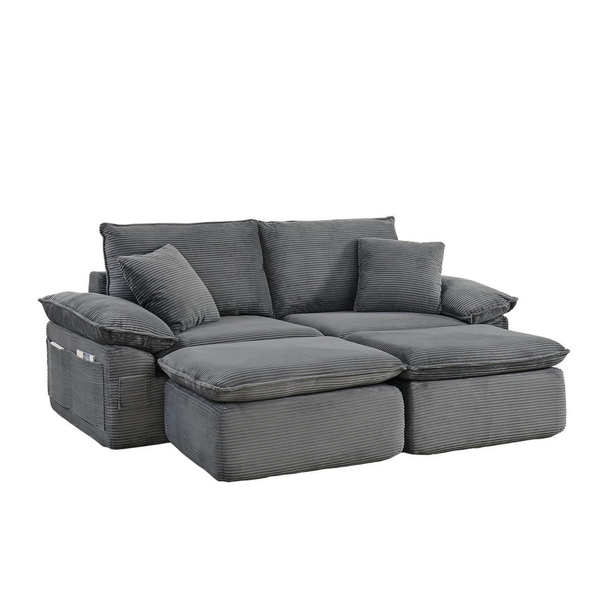 2-SITZER-BODENSOFA ohne Montage mit Fußstütze und Aufbewahrungstaschen, Hellgrau - Hellgrau, Textil (156/65/206cm) - Redom