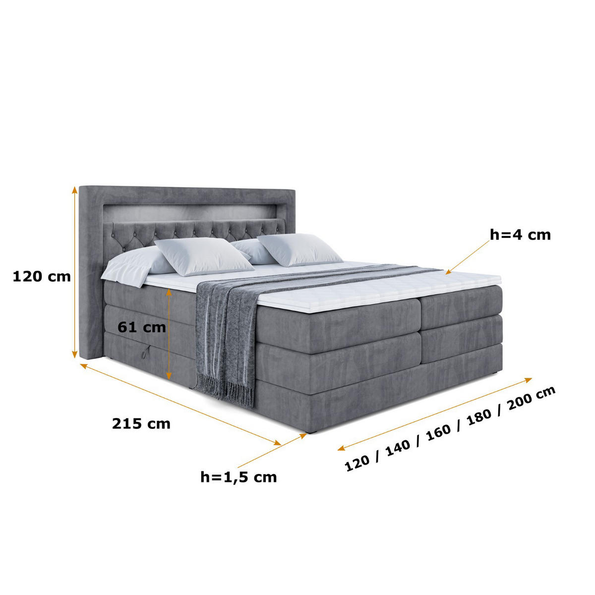 BOXSPRINGBETT NOEL GOLD KING - 180x200 - H3/H4 - Dunkelgrau - Dunkelgrau, Holzwerkstoff (180/200cm) - ALTDECOR
