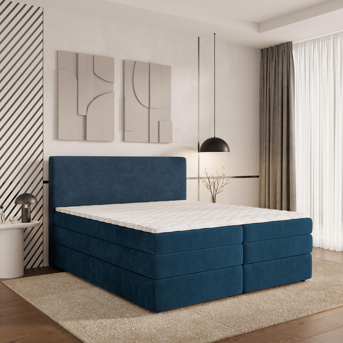 BOXSPRINGBETT MATERN 140x200 cm mit Matratze und Topper - Blau - Blau, Holz (140/200cm) - MASSENO