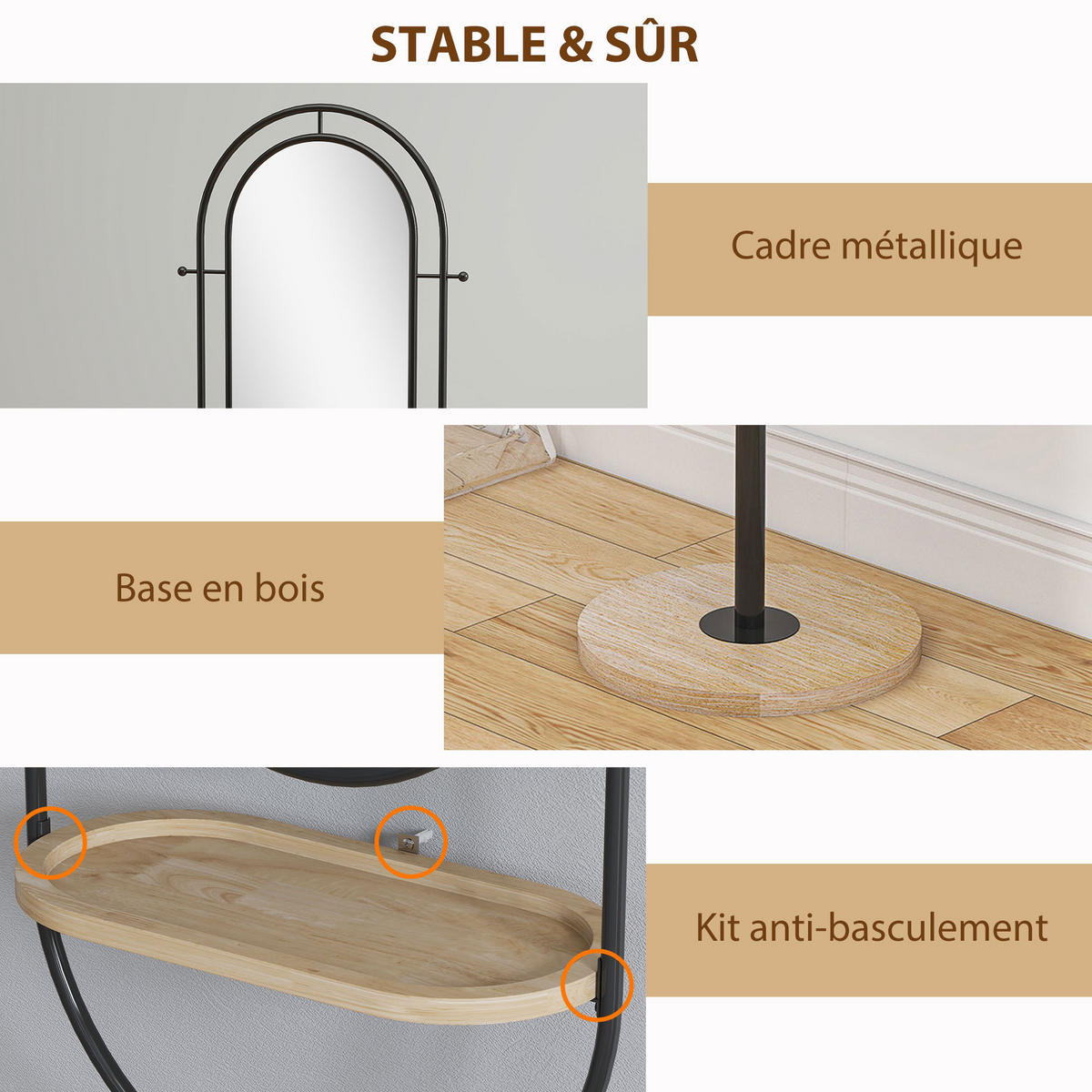 STANDSPIEGEL DE-17933 oval mit Holzablage & 4 Haken Schwarz - Schwarz, Glas (50/175.5/40cm) - ComfortXL