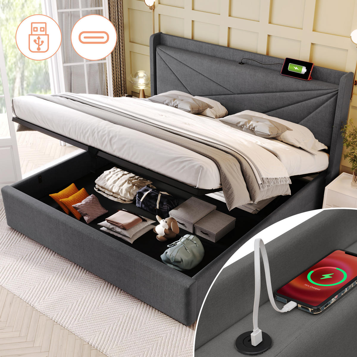 POLSTERBETT 180/200 cm Grau mit Bettkasten und USB- und Type-C-Anschlüssen - Grau, Textil (180/200cm) - Flora Grace