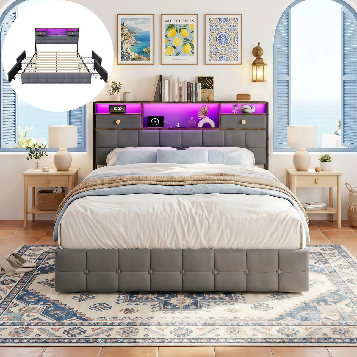POLSTERBETT 160x200 cm mit 4 Schubladen, Polsterbettgestell aus Samt, Kopfteil mit RGB-LED-Beleuchtung, 2 Schubladen und USB/Typ-C-Anschlüsse - Grey - Grau, Holzwerkstoff (160/200cm) - Brevoria