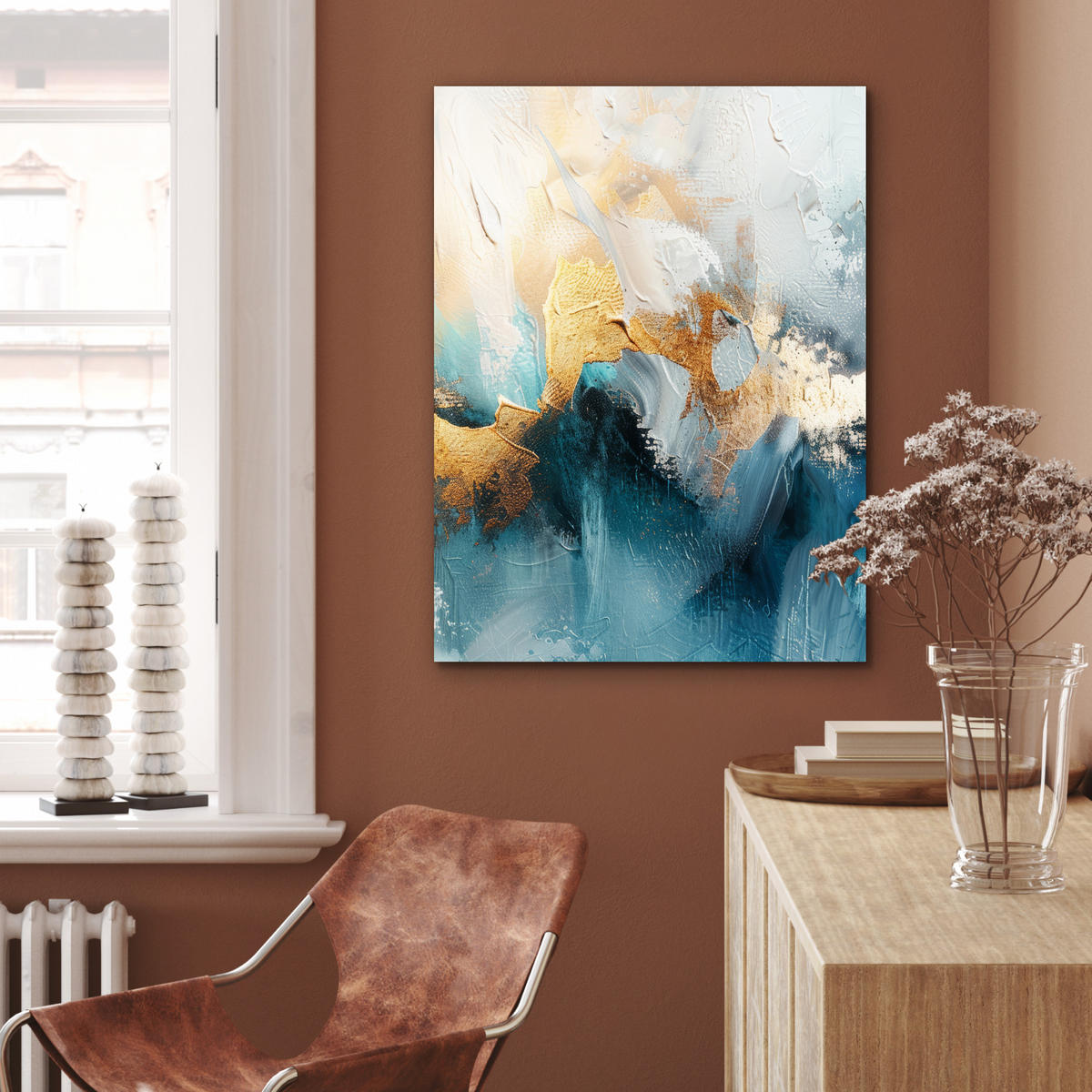 KOVOVÝ OBRAZ Abstraktné - umenie - zlaté - modré 60x80 cm - petrolejová, kov (60/80cm) - MuchoWow