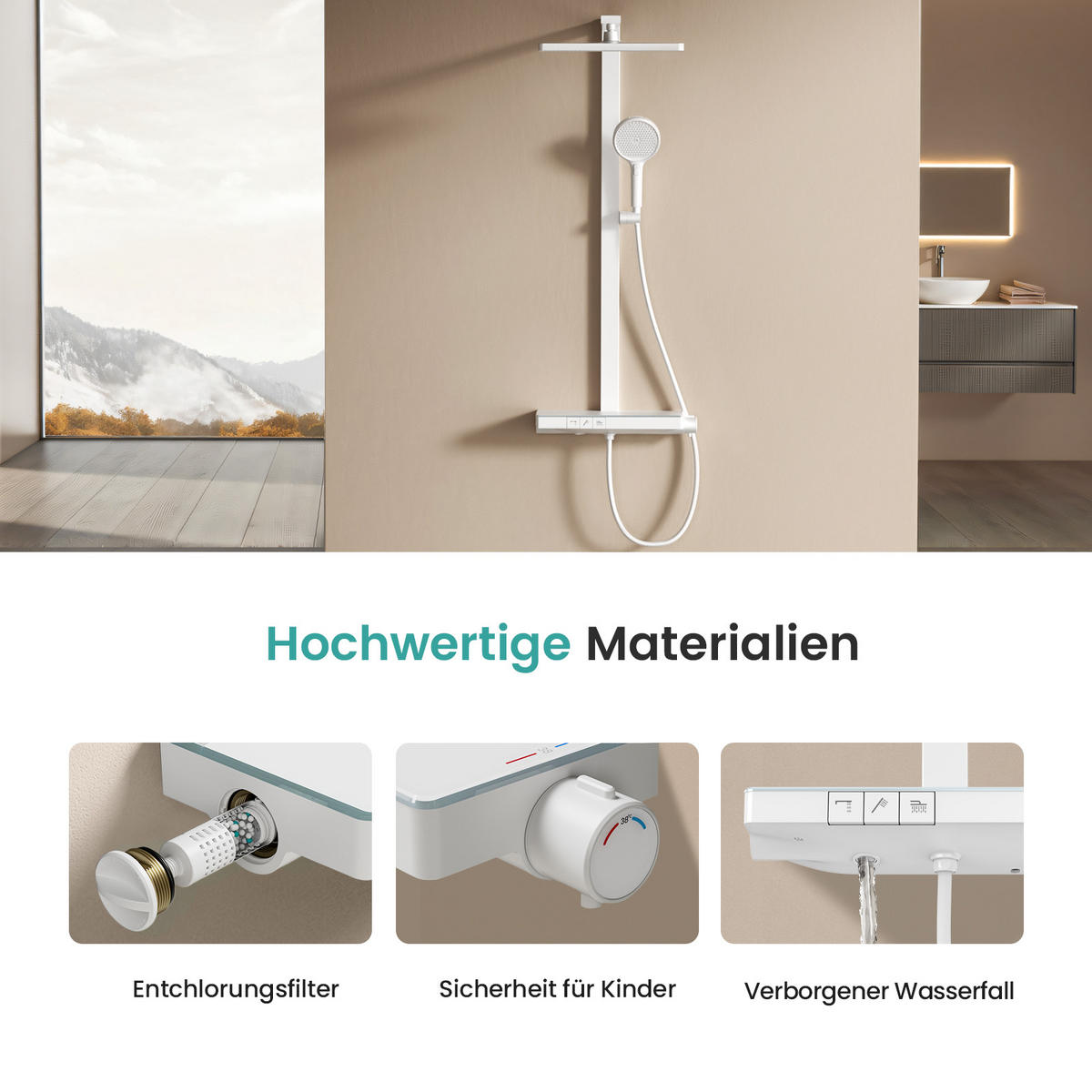 ÜBERKOPFBRAUSESET mit Brausethermostat Temperaturanzeige Weiß - Weiß, Metall (43.7/112.2/62.5cm) - EMKE