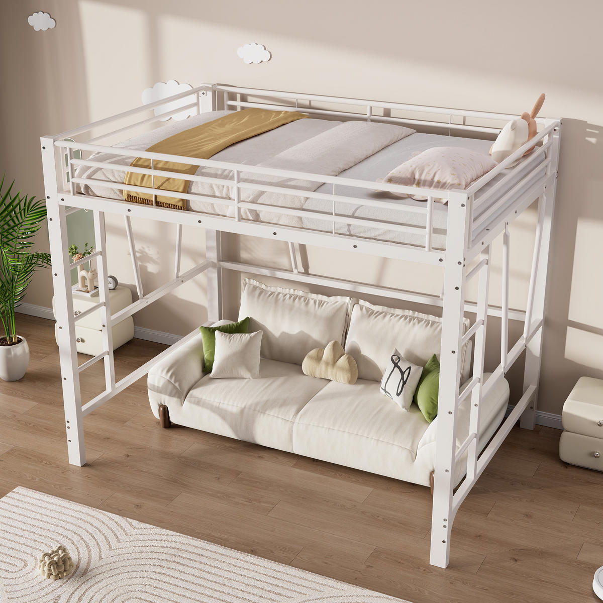 HOCHBETT 140/200 cm in Weiß mit Doppelleiter, Schutzgeländer und offenem Raum unter dem Bett aus Metall - Weiß, Metall (140/200cm) - STILVORA