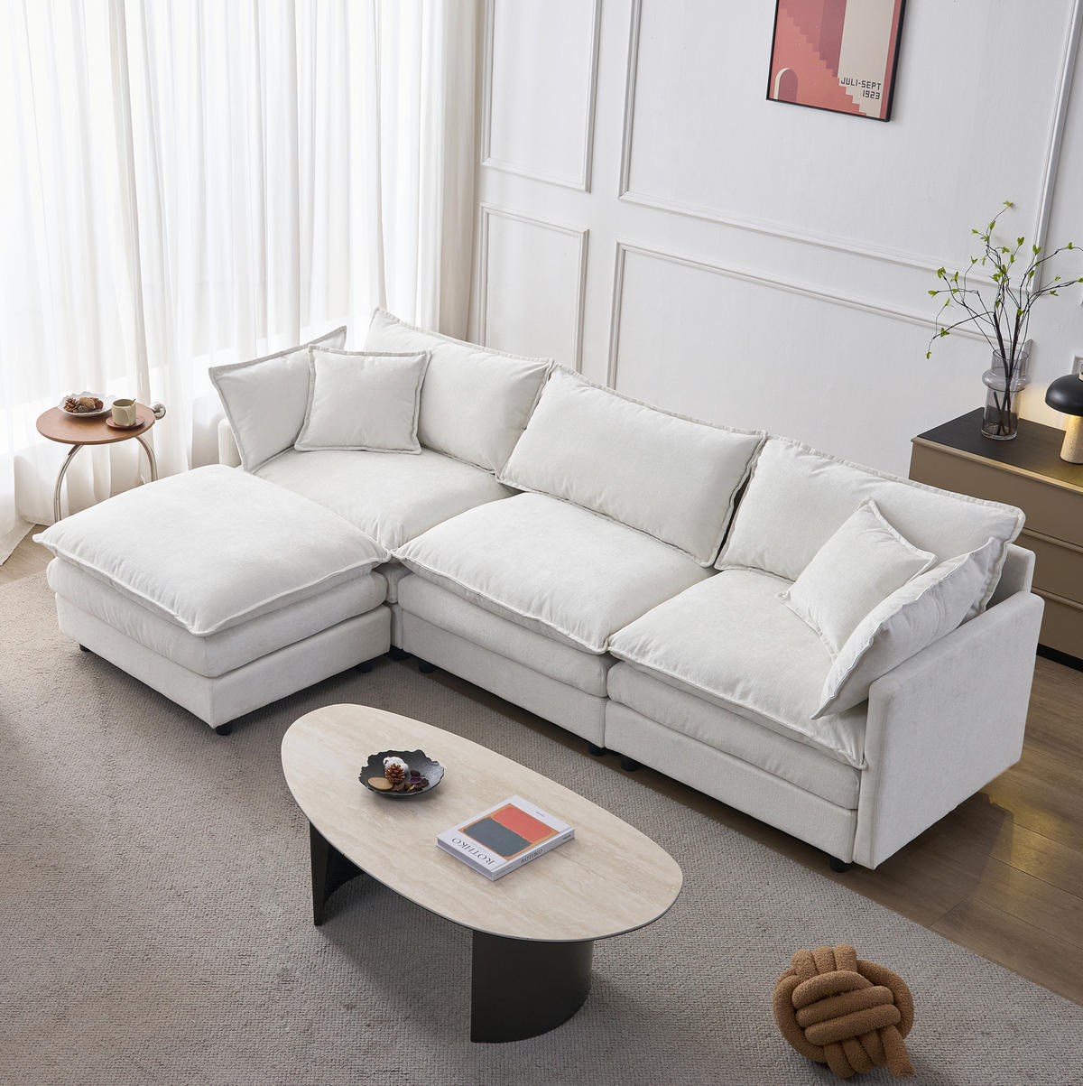 ECKSOFA aus Chenille 267x78x85 cm in Beige mit Hocker - Beige, Textil (78/85/267cm) - Modfu