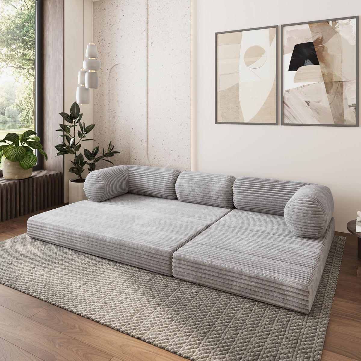ROHOVÁ SEDAČKA ETERA modulární Boneless pohovka s funkcí spaní, světle šedá TILIA 86 - šedá, textil (270/160cm) - MASSENO
