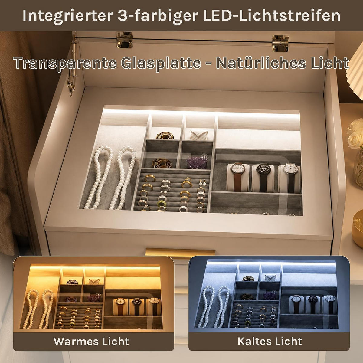 SCHMINKTISCH mit LED, klappbarer Spiegel, Hocker, Weiß - Weiß, Glas/Holz (50/87.2/40cm) - Woltu