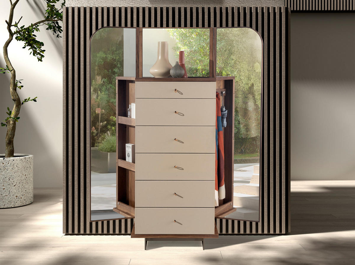 HIGHBOARD Chifonier Leder, Nussbaum und polierter Stahl mit Spiegel 65/42/168 cm - Silberfarben/Walnussfarben, Leder/Holz (65/168/42cm) - ANGEL CERDA