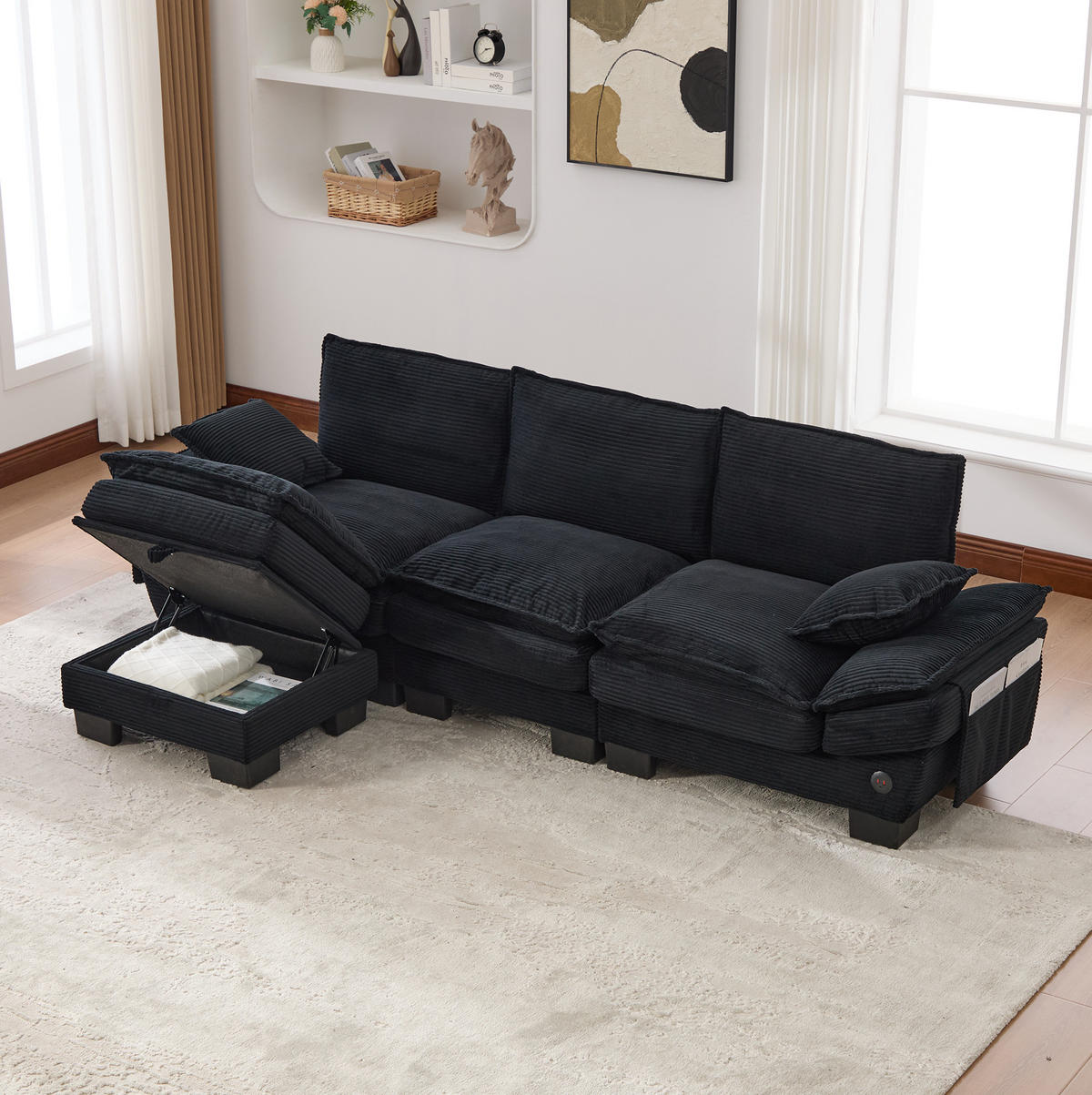 ECKSOFA aus Cord 260x132x84 cm in Schwarz mit Hocker & USB-C - Schwarz, Textil (132/260cm) - Modfu