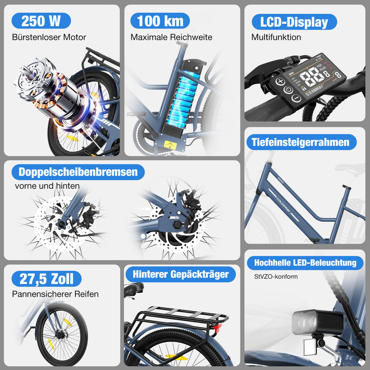 ELEKTROFAHRRAD BK8SL 27,5 Zoll mit LCD-Display ,maximale Reichweite 100 km - Blau, Metall (76cm) - COLORWAY