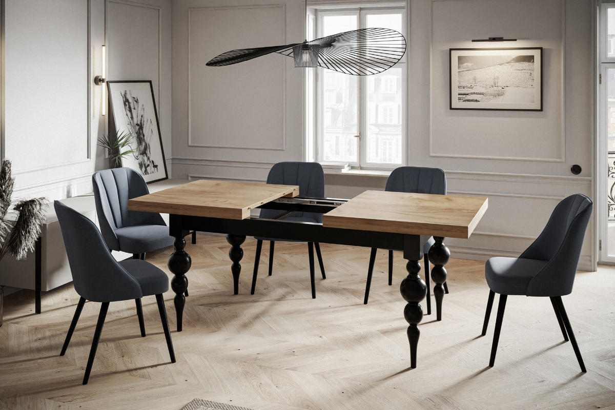 ESSZIMMERTISCH LENA, ausziehbarer Tisch 120-160X80X78,5 cm, Farbe: CRAFT, mit Tischbeinen in Farbe Schwarz - Schwarz/Braun, Holzwerkstoff (120/80/79cm) - Alpi-Möbel