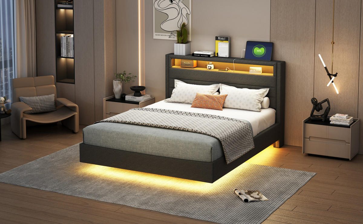 POLSTERBETT 140x200 cm LED USB grau - Grau, Textil (140/200cm) - LEBENLANG