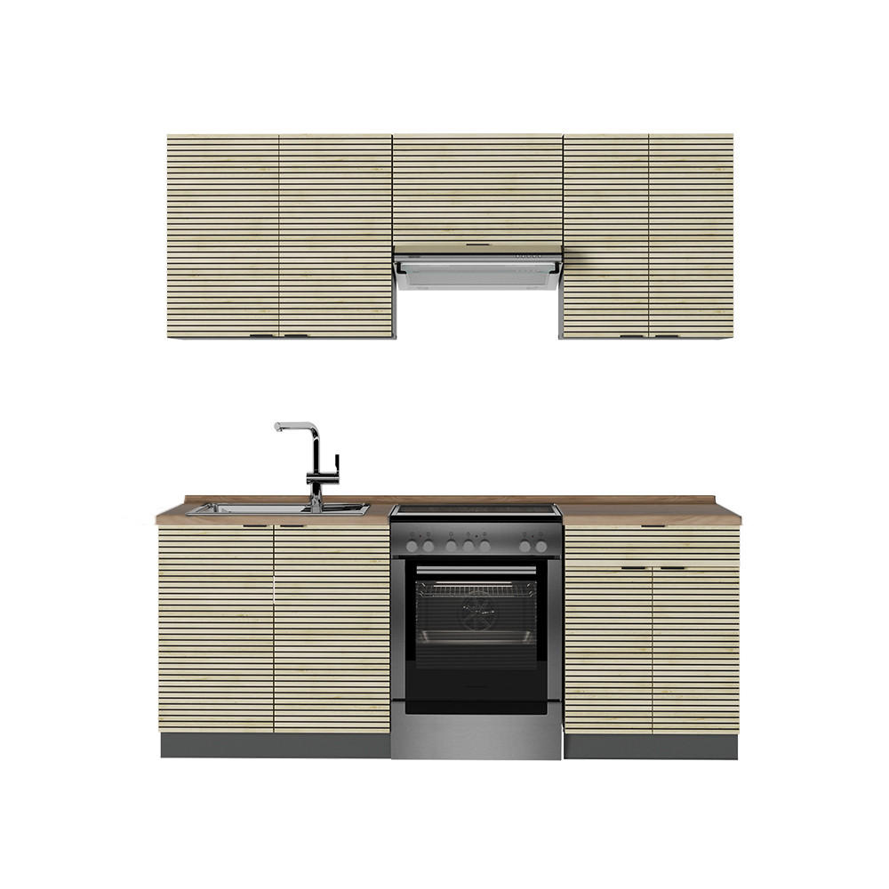 KÜCHENZEILE Fame-Line Eiche Paneel/Anthrazit 200 cm , AP Eiche - Hellbraun/Anthrazit, Holzwerkstoff (200/81.6/60cm) - Vicco