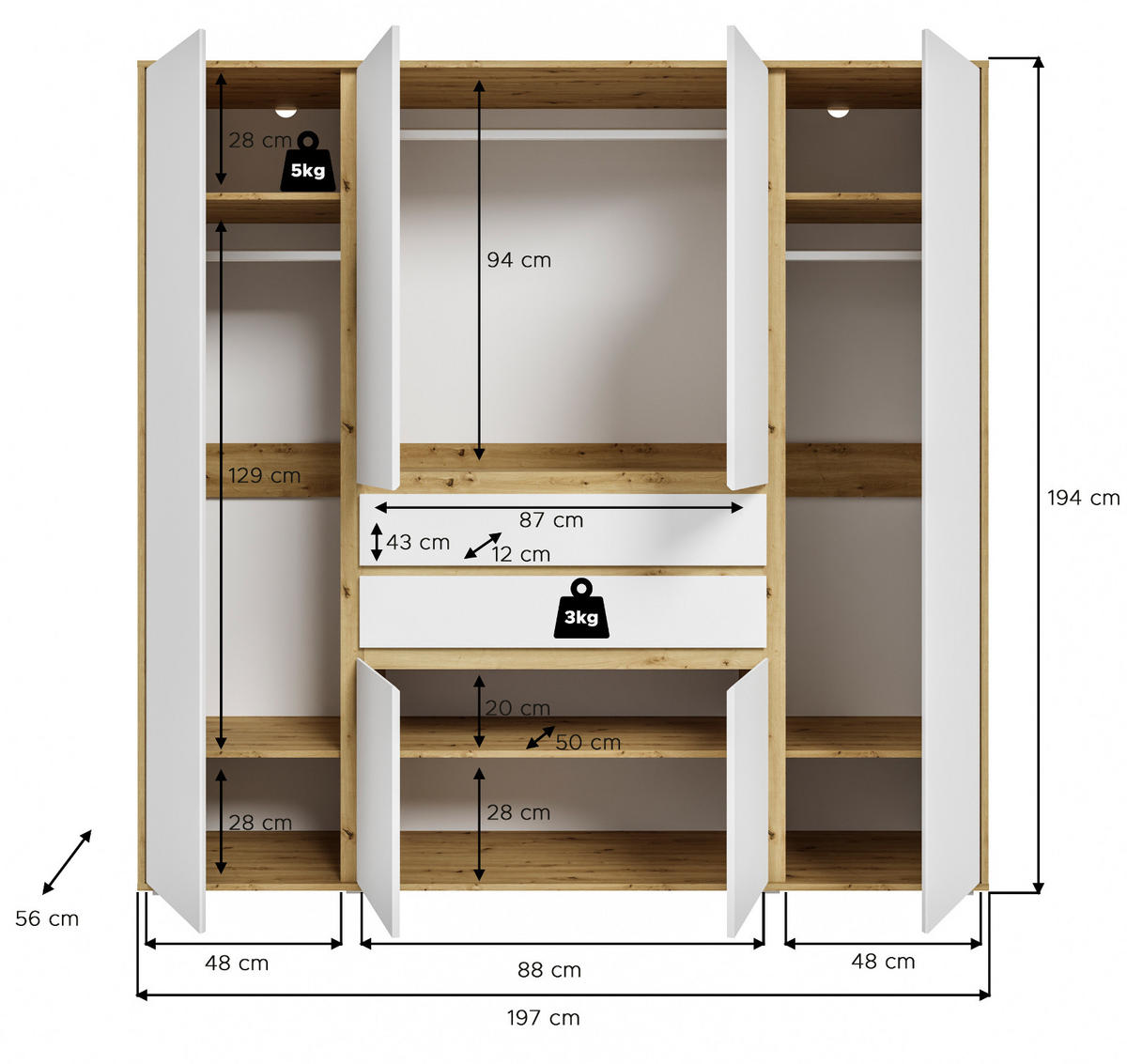 KLEIDERSCHRANK weiß, Eiche Artsian 197 x 194 cm, Drehtürenschrank 6-türig - Silberfarben/Weiß, Holzwerkstoff/Kunststoff (197/194/56cm) - Inn.Furn