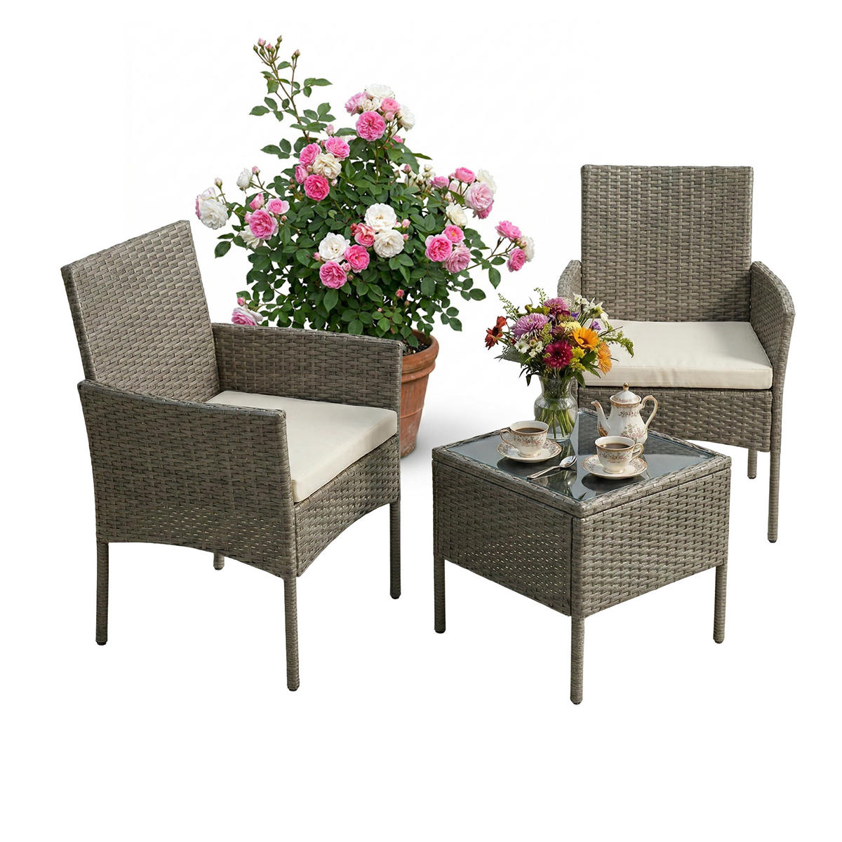 3-TLG.GARTENMÖBEL-SET - Grau, Glas/Kunststoff - Relaxdays