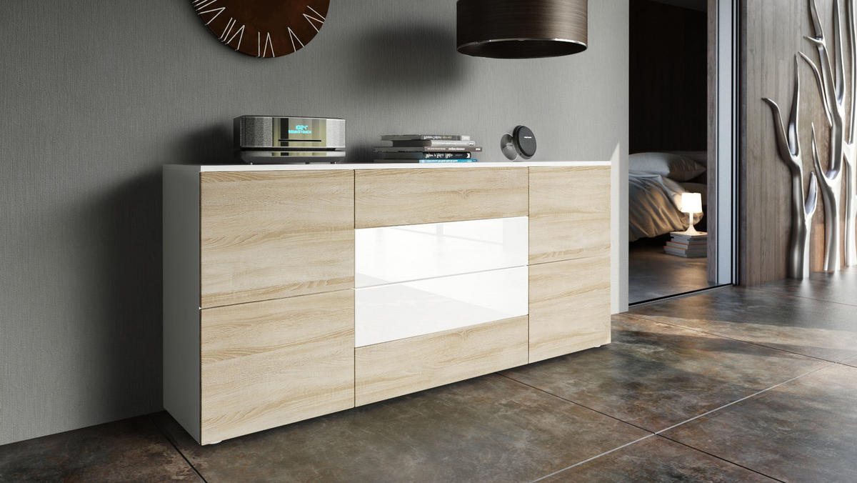 SIDEBOARD Rova Eiche sägerau/ Weiß Hochglanz - Eiche San Remo, Holzwerkstoff (166/72/35cm) - Vladon