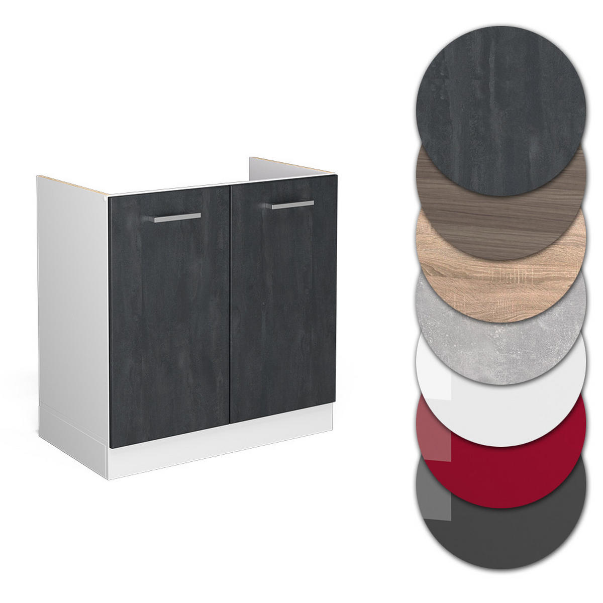 SPÜLENUNTERSCHRANK KÜCHENSCHRANK R-Line Schwarz Beton 80 cm AP Eiche - Schwarz/Weiß, Holzwerkstoff (80/81.6/60cm) - Vicco