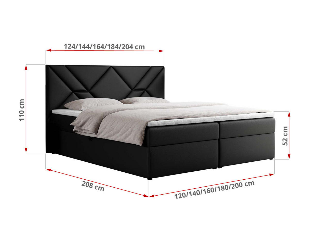 BOXBETT NEOMI 120/200 - Schwarz Kunstleder - H3 - Topper T25 - Schwarz, Holz/Textil (120/200cm)