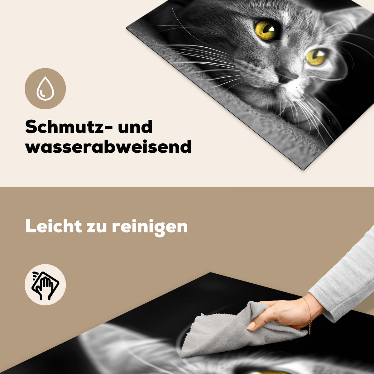 HERDABDECKPLATTE Katze - Grau - Tiere - Katze Induktionsmatte 71x52 cm - Grau, Kunststoff (71/52/0.2cm) - MuchoWow
