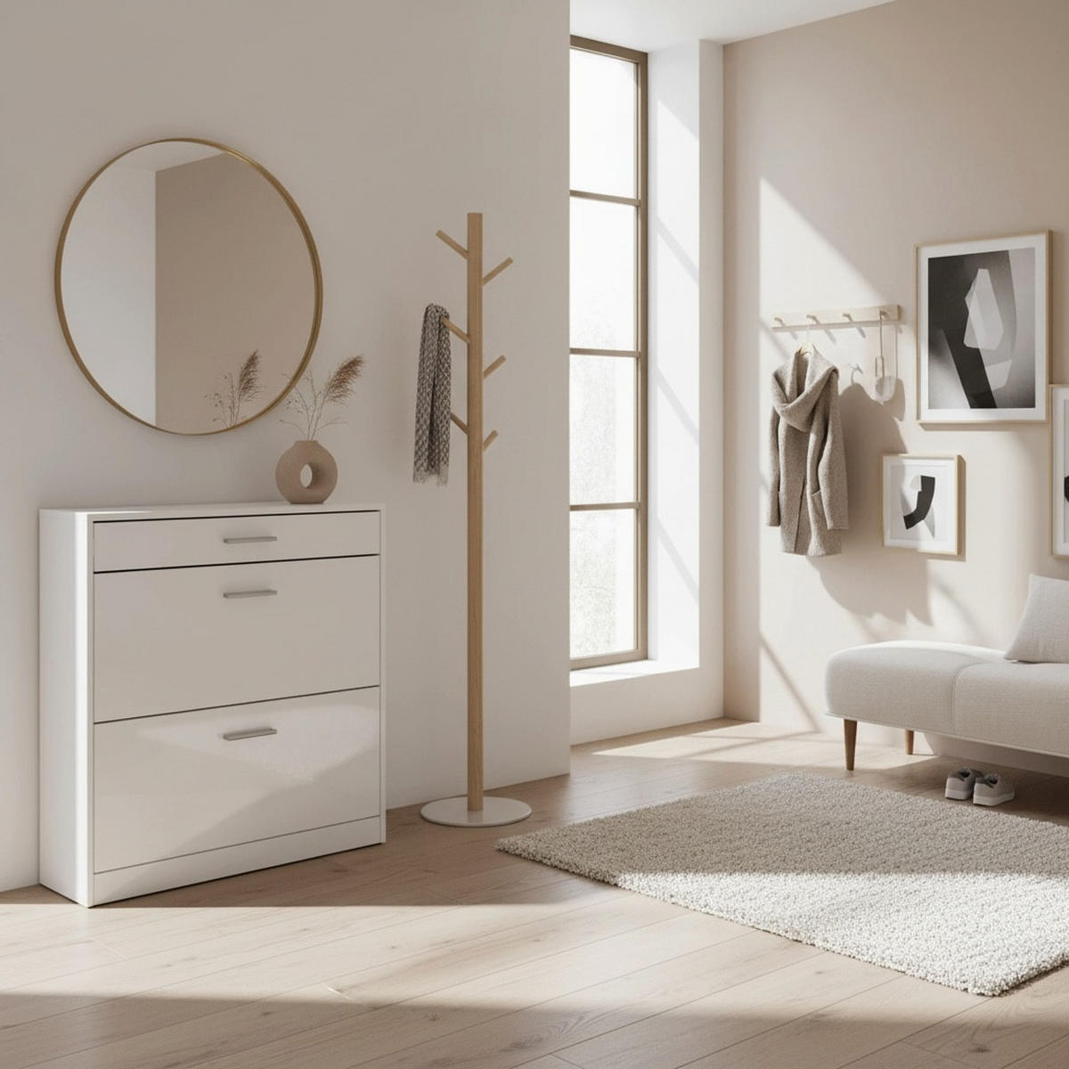 SCHUHSCHRANK Roma Schmal mit 2 Klappen und 1 Schublade, Platzsparender Schuhkipper, Weiß matt (89 x 95,5 x 23 cm) - Weiß, Holzwerkstoff (89/95.5/23cm) - InnoFurn