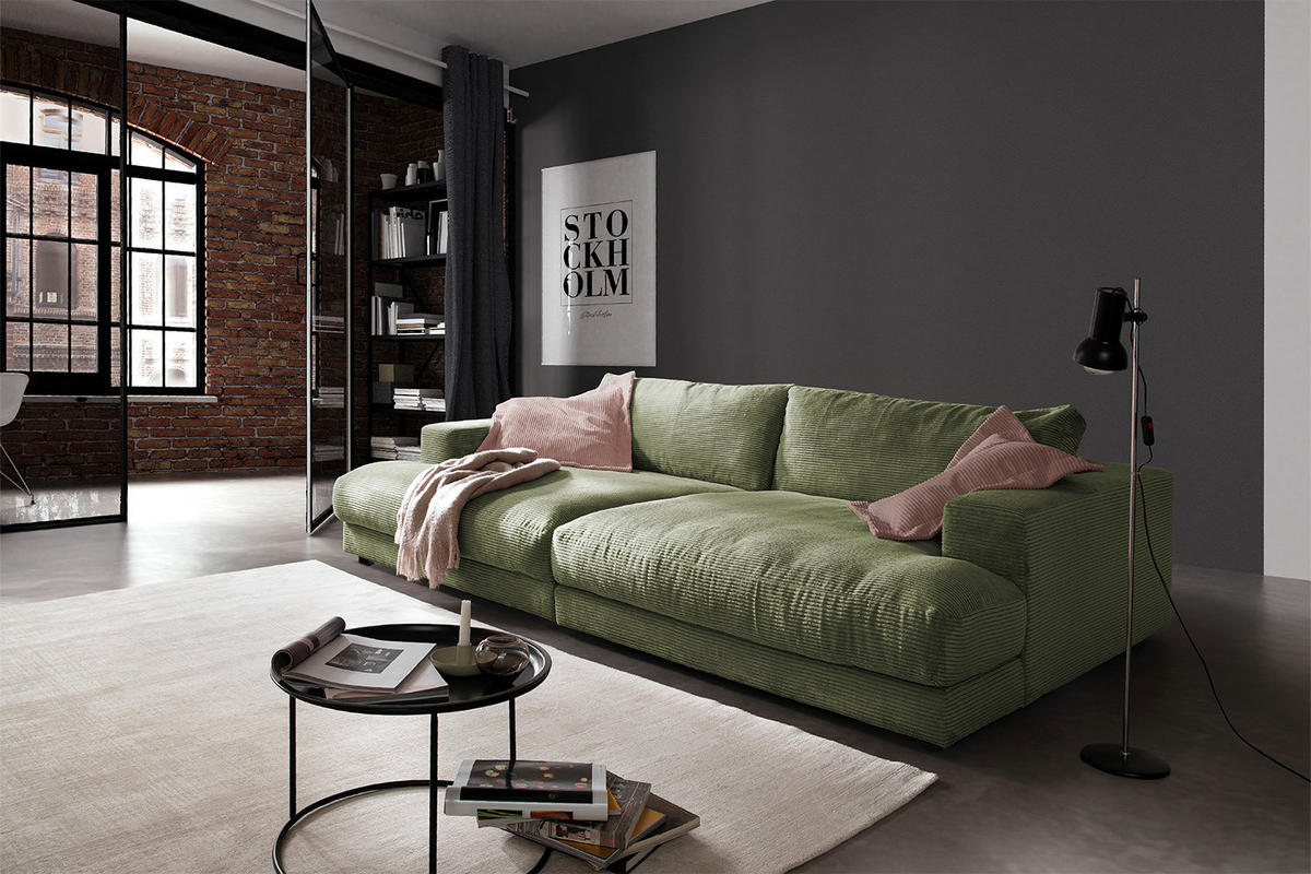 BIG SOFA XL MADELINE Grün Cord - Schwarz/Grün, Kunststoff/Textil (290/85/190cm) - KAWOLA
