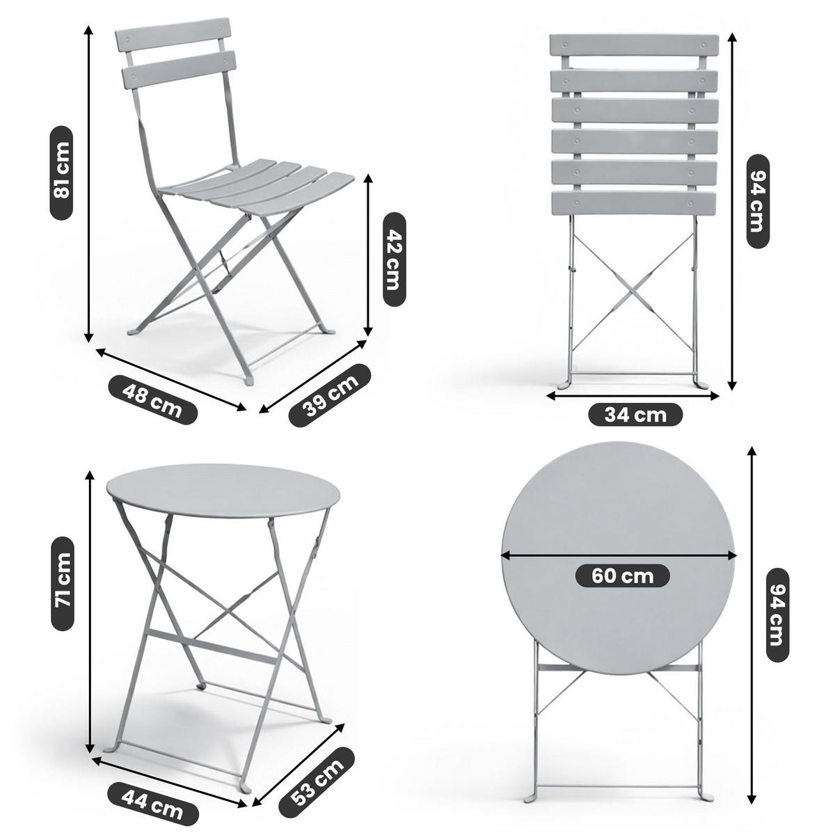 BALKONSET 3-er Set Metall Grau - Grau, Metall - Akord