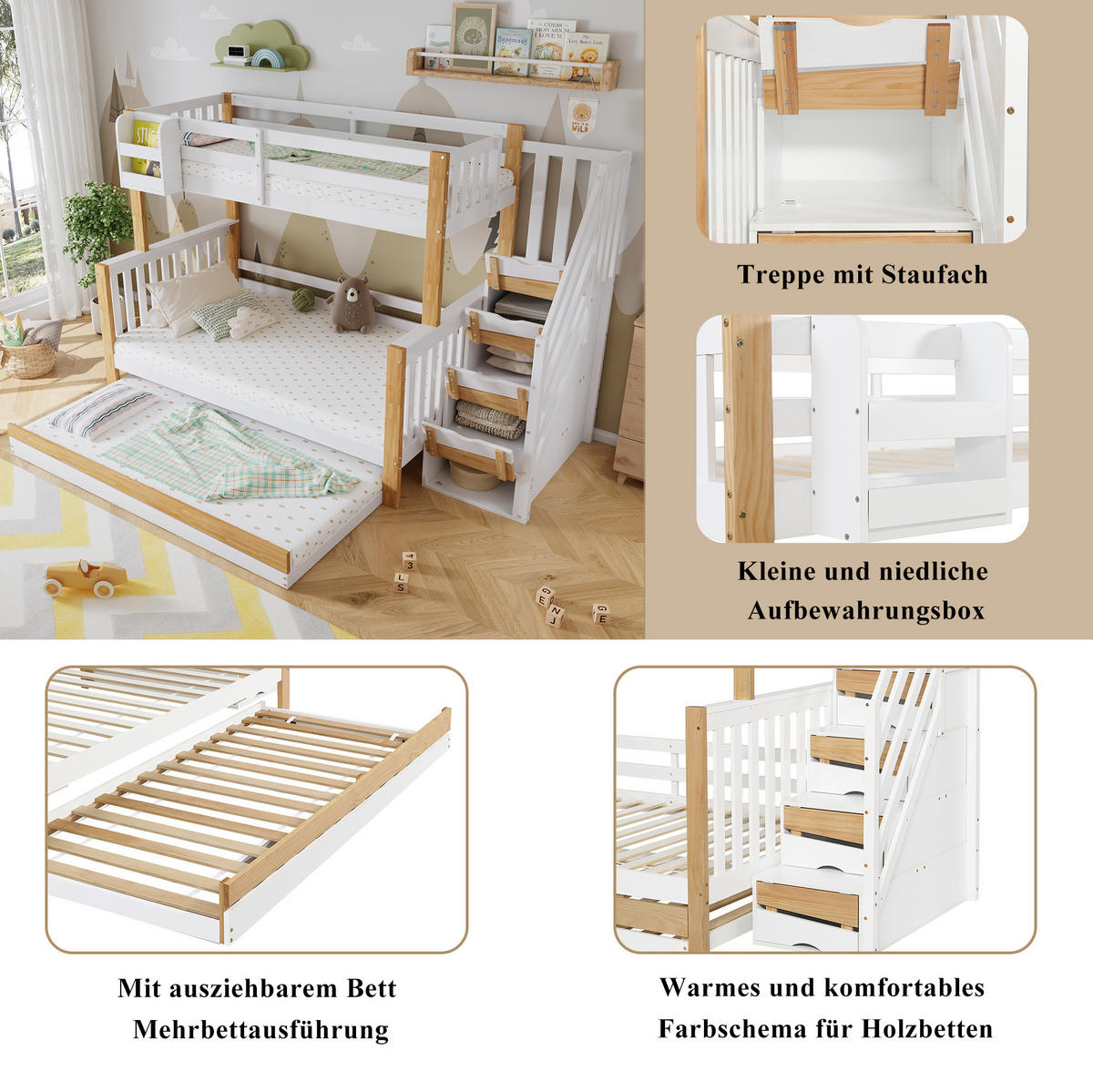 POSCHODOVÁ posteľ, 254/216,5/165 cm, masívne drevo a MDF biela/prírodná, s výsuvným lôžkom - biela, drevo (90/200cm) - BEAOK