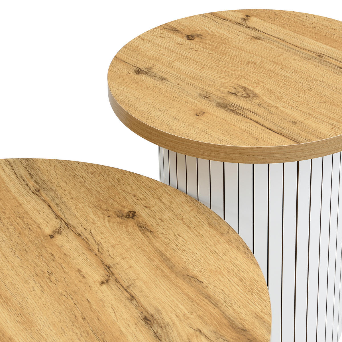 COUCHTISCH SET in Naturfarben mit 2 runden Tischen und Stauraum für Wohnzimmer, B75/T75/H50cm und B45/T45/H35cm - Weiß/Naturfarben, Holzwerkstoff (75/75/50cm) - STILVORA