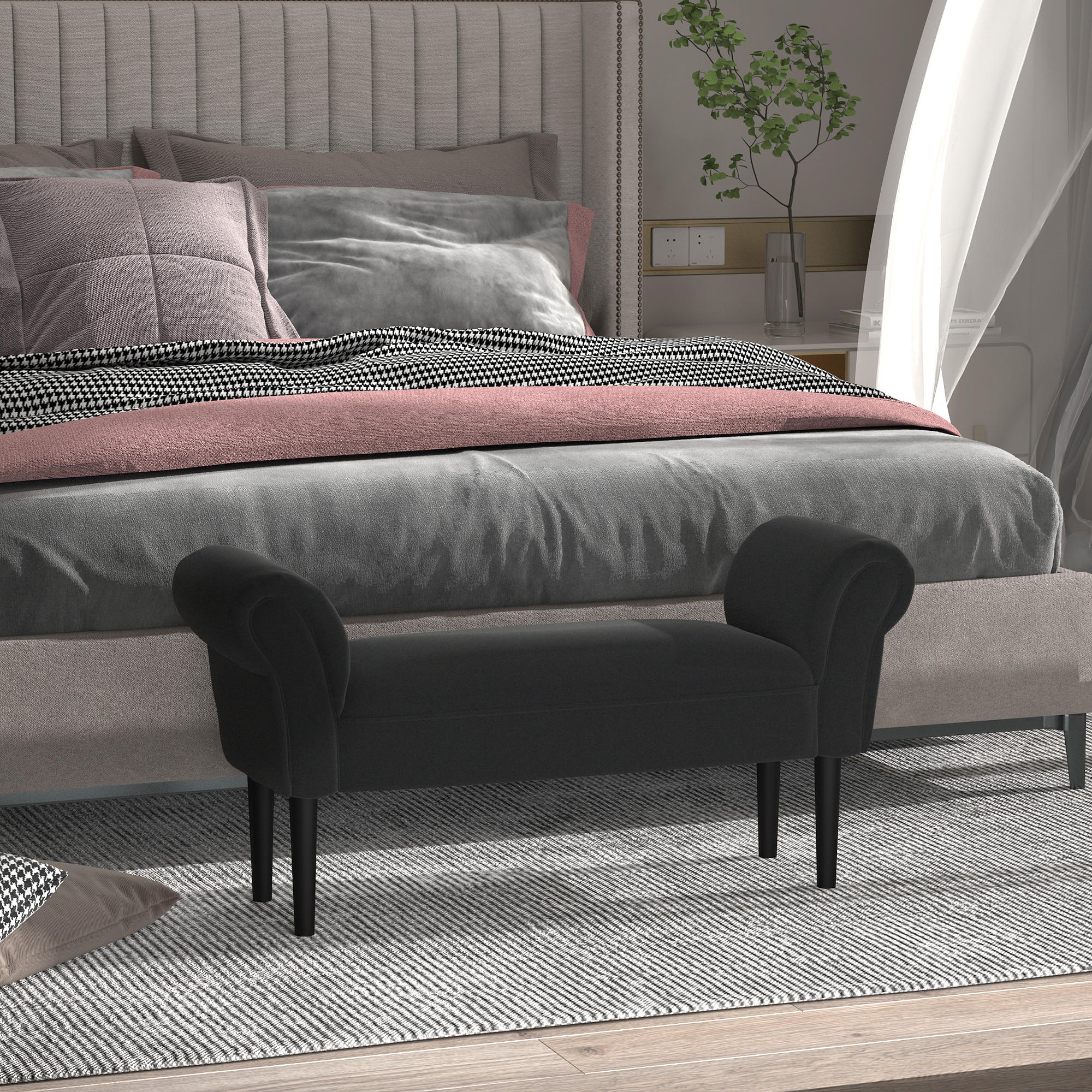 BETTBANK für Schlafzimmer, bis 130 kg Belastbar, Schwarz, 102 x 36 x 51 cm - Schwarz, Kunststoff (36/51/102cm) - HOMCOM