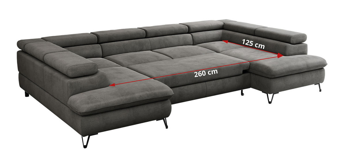 WOHNLANDSCHAFT PETER U Velvet Dunkelgrau - Dunkelgrau/Schwarz, Textil/Metall (346/76/208cm) - MKS