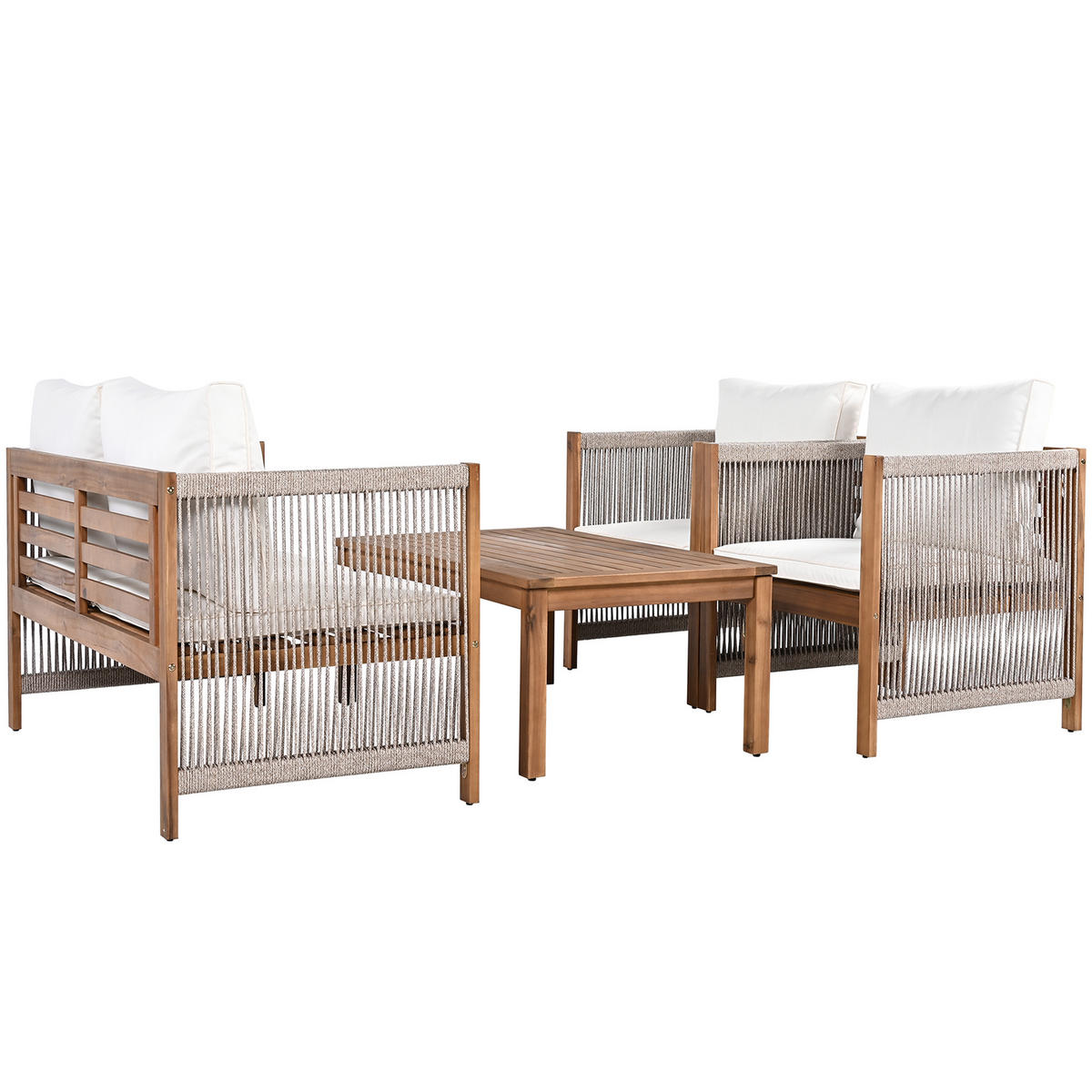 LOUNGESET Beige Akazie Rattanoptik Doppelsofa 2 Sessel Tisch - Beige, Textil - FLIEKS