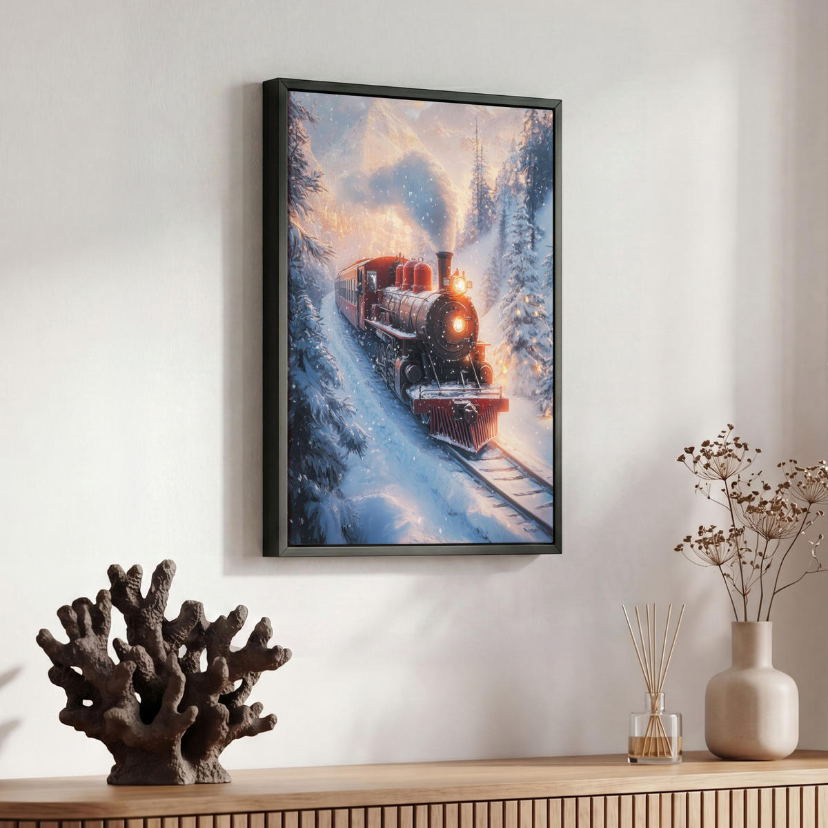 LEINWAND Bilder mit Rahmen - Weihnachtszug - Schnee - Winter - Weihnachten - 30x40 - Dunkelrot, Textil (30/40cm) - MuchoWow