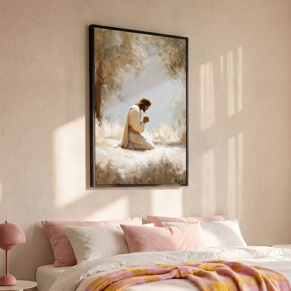 LEINWAND Bilder mit Rahmen - Jesus - Kniend - Waldlandschaft - Betend - 80x120 - Beige, Textil (80/120cm) - MuchoWow
