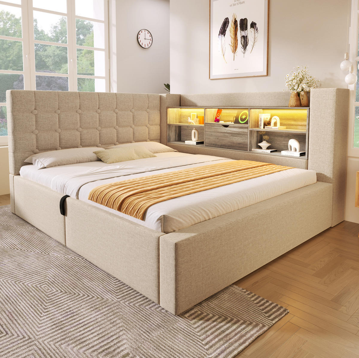 POLSTERBETT 140/200 cm Beige aus Leinen mit LED und Stauraum - Beige, Textil (140/200cm) - OKWISH