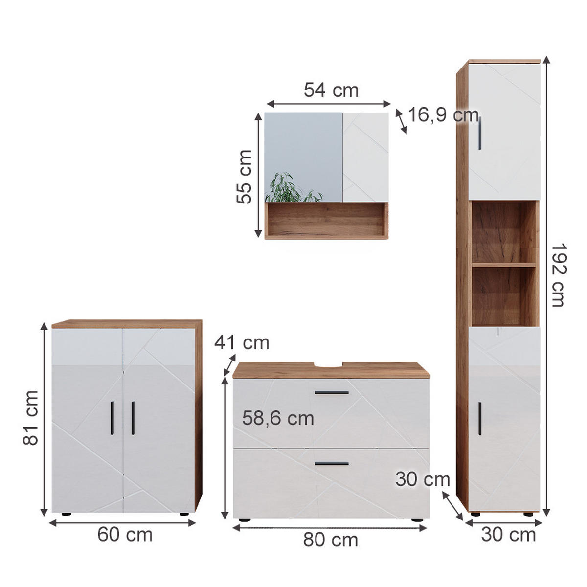 BADMÖBEL-SET Irma Weiß Hochglanz/Goldkraft Eiche 4 Teile - Honigeiche/Weiß Hochglanz, Holzwerkstoff (80/58/41cm) - Vicco