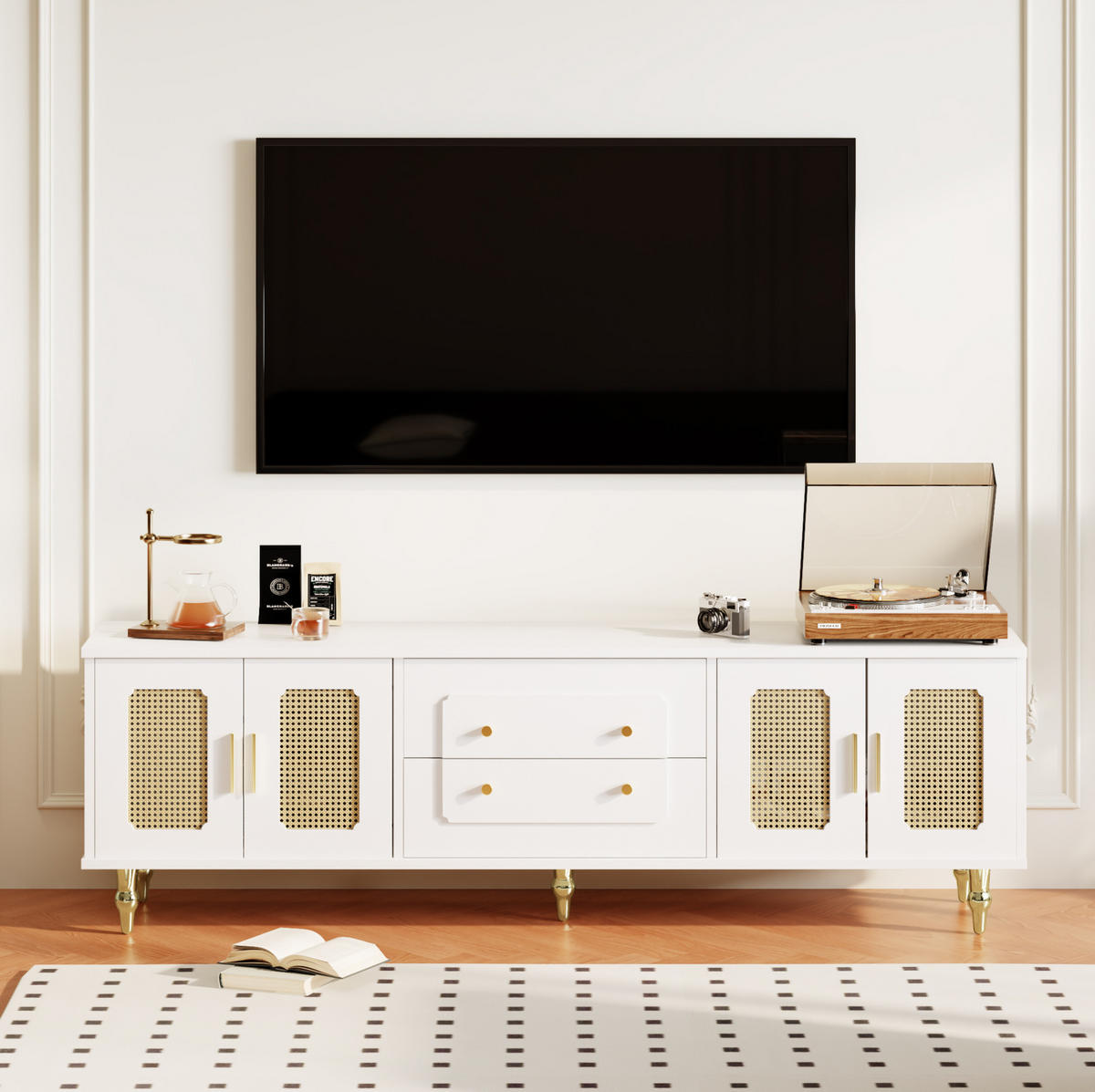 TV ormarić 175/38/55,5 cm bijeli od iverice s PVC vratima od ratana i ladicama na pritisak - bijela, drvni materijal (175/55.5/38cm) - OKWISH