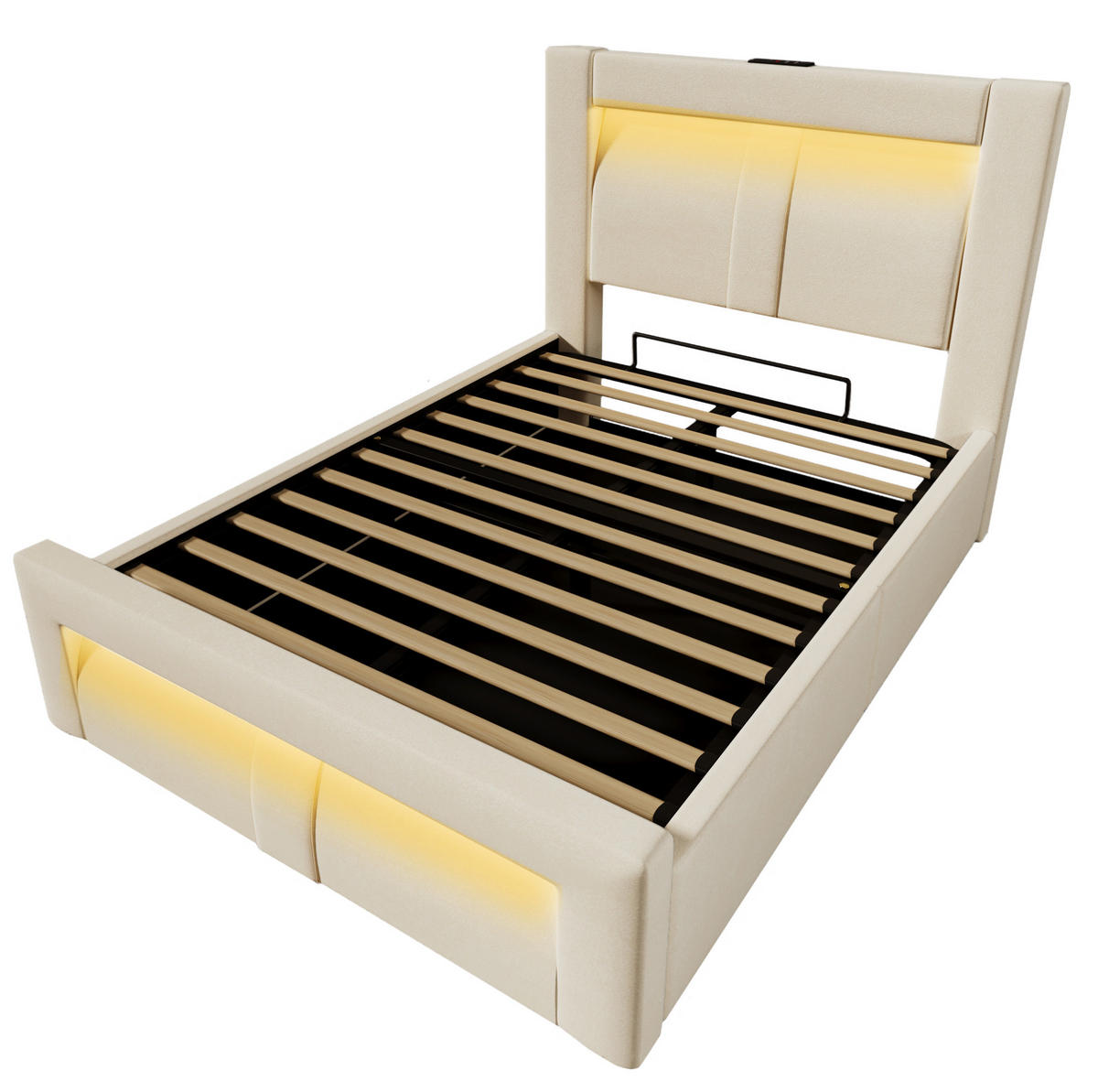 POLSTERBETT aus Samt 90x200 cm in Beige mit LED & Matratze - Beige, Textil (90/200cm) - Modfu