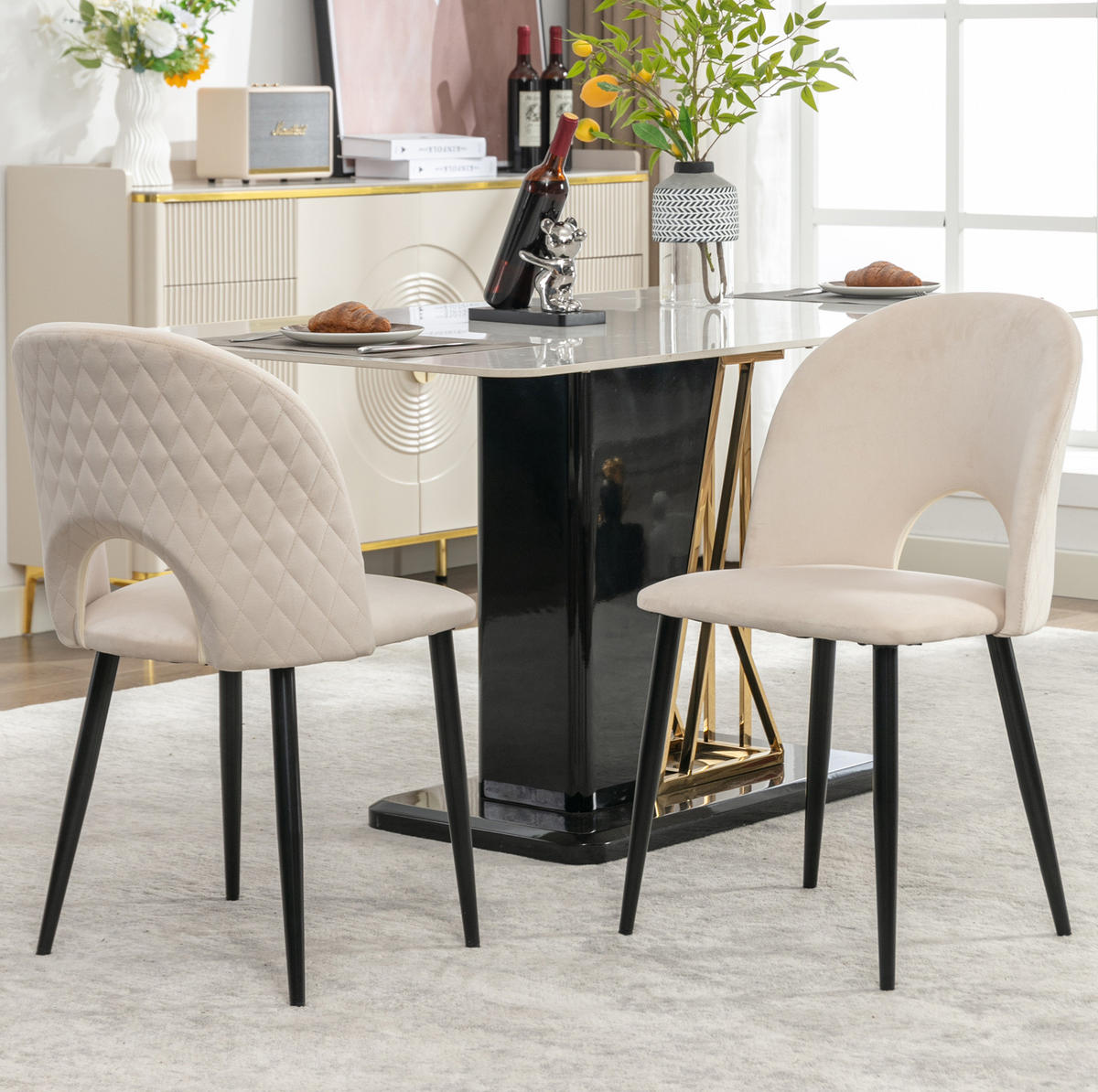 POLSTERSTUHL 2er-Set mit Rückenlehne Samt Beige Metallgestell - Beige, Metall (44/84/47cm) - Meubliv